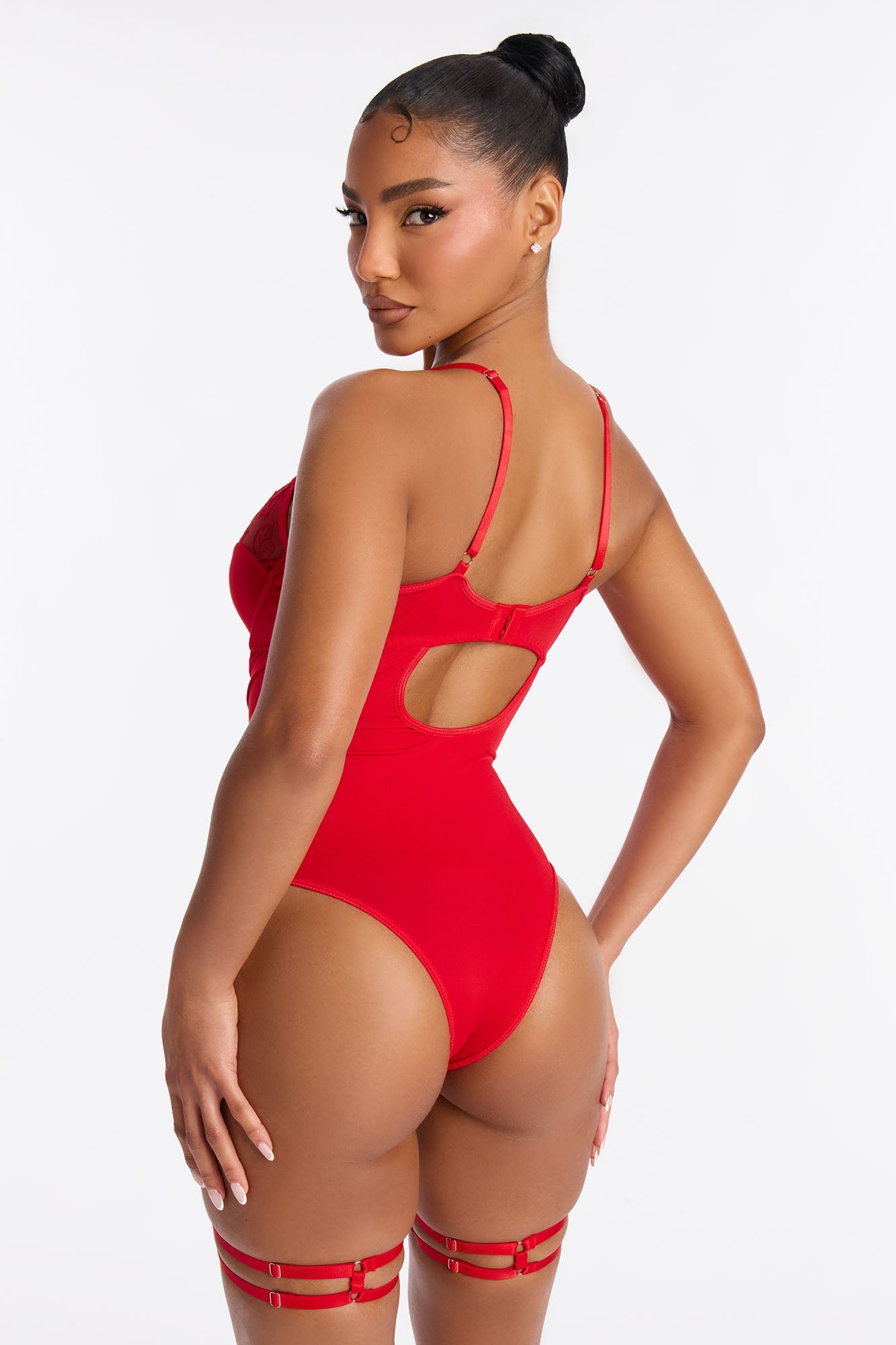 Natalina Mesh Embroidered Teddy With Garter Straps - Red