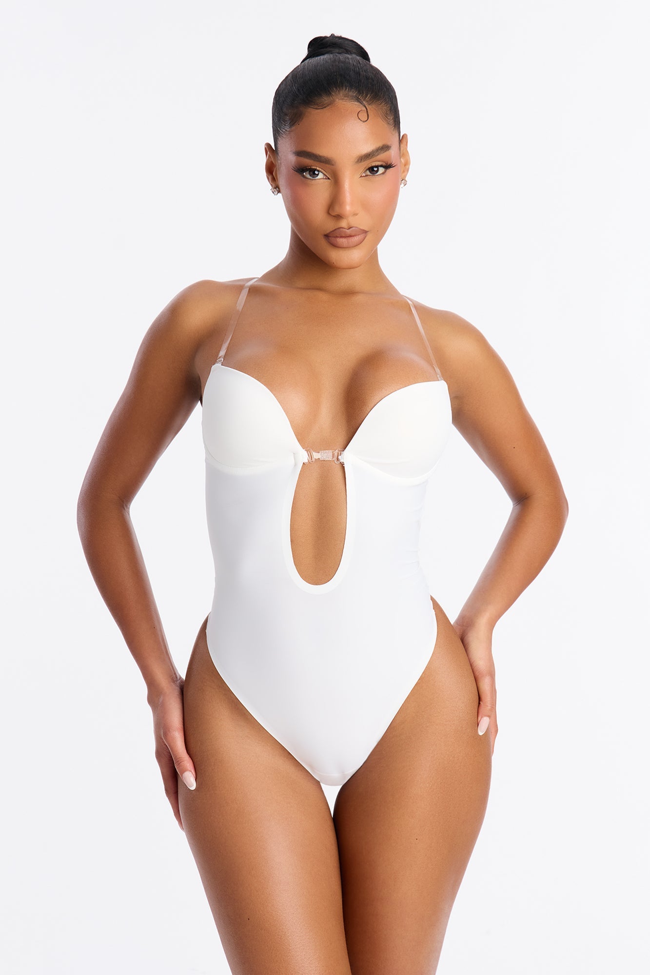 No Show Microfiber Clear Strap Plunge Thong Bodysuit - White