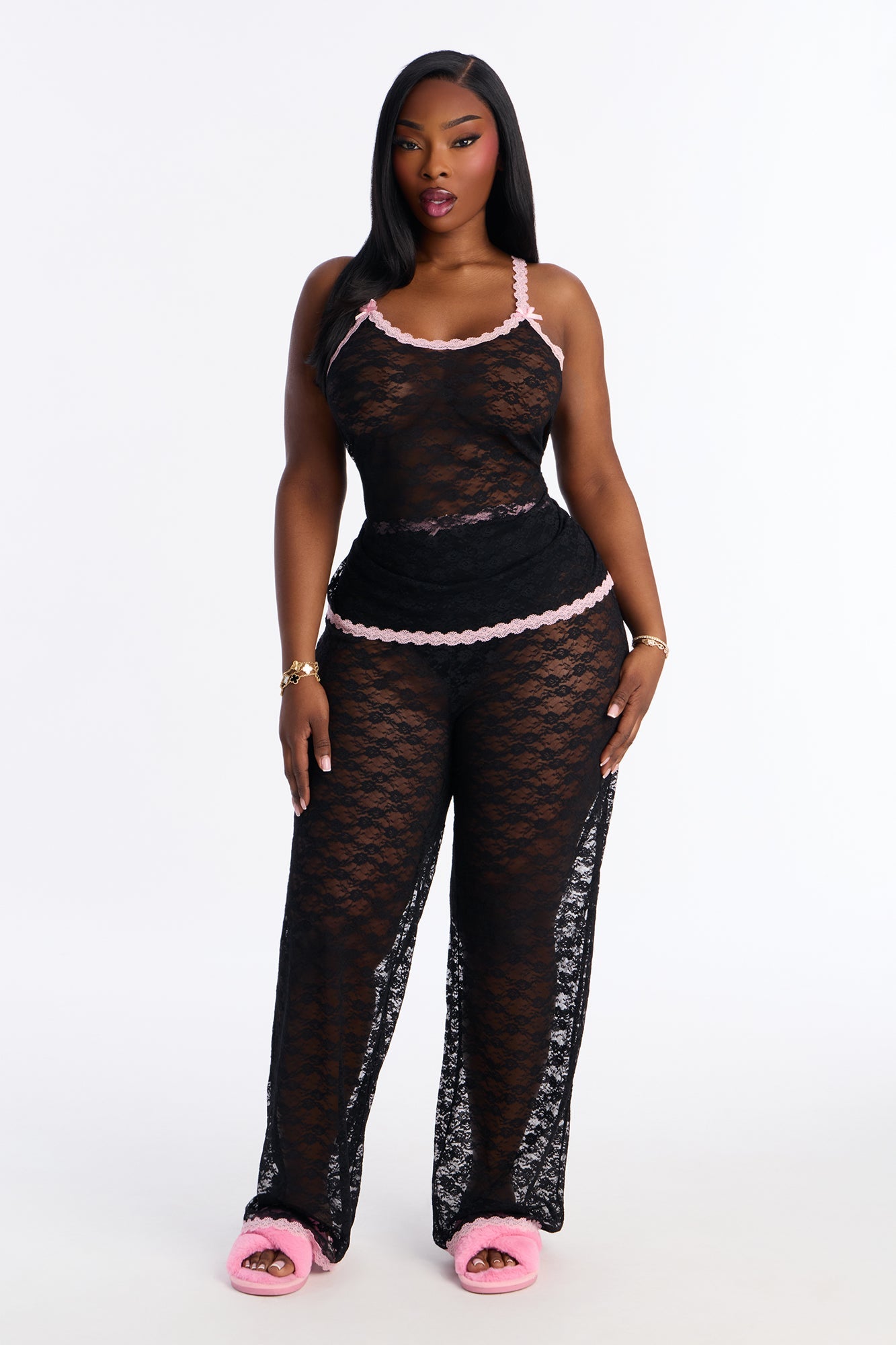 Nights Of Romance Lace PJ Pant Set - Black/Pink