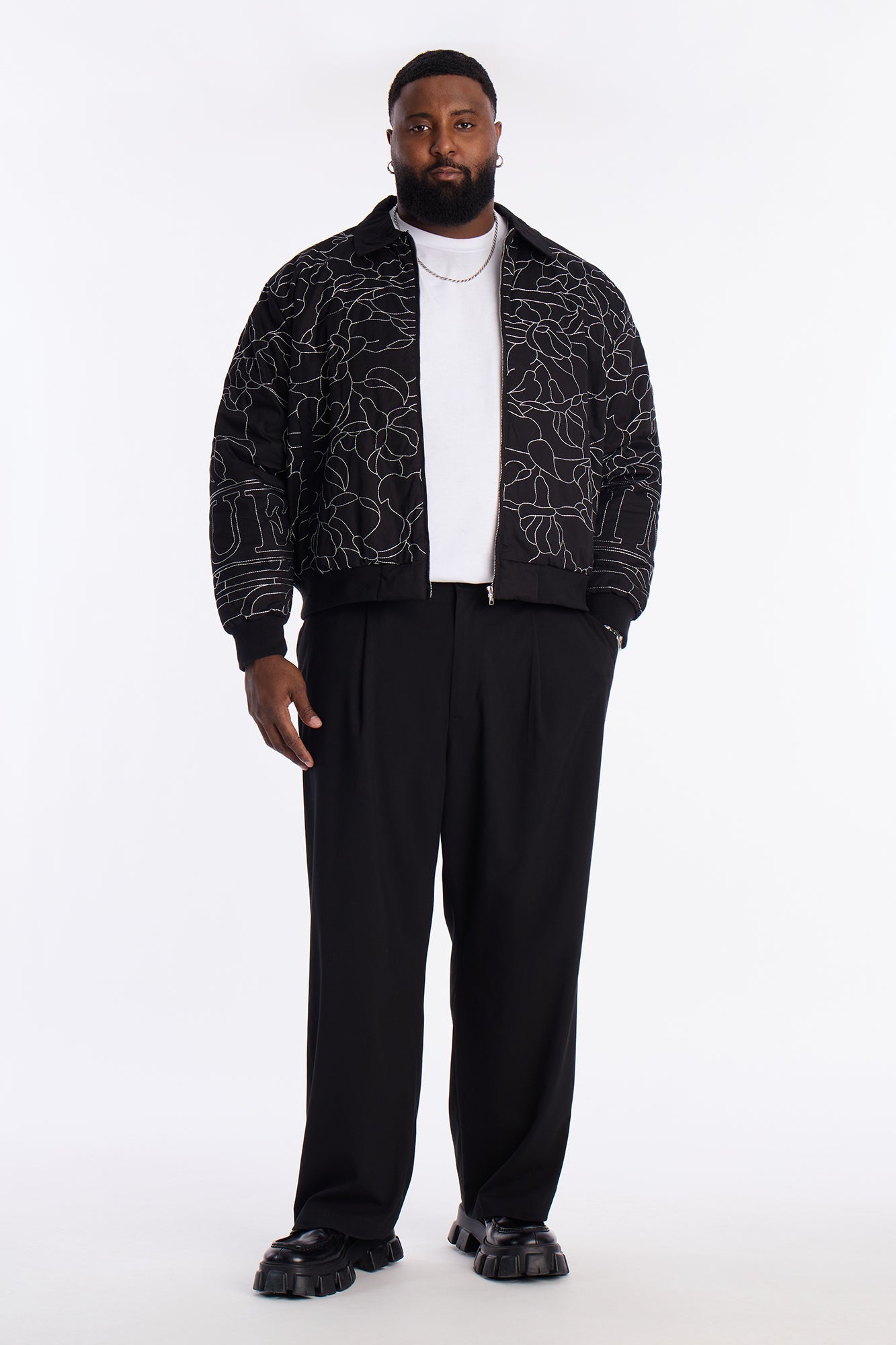 In Bloom Contrast Stitched Bomber Jacket - Black