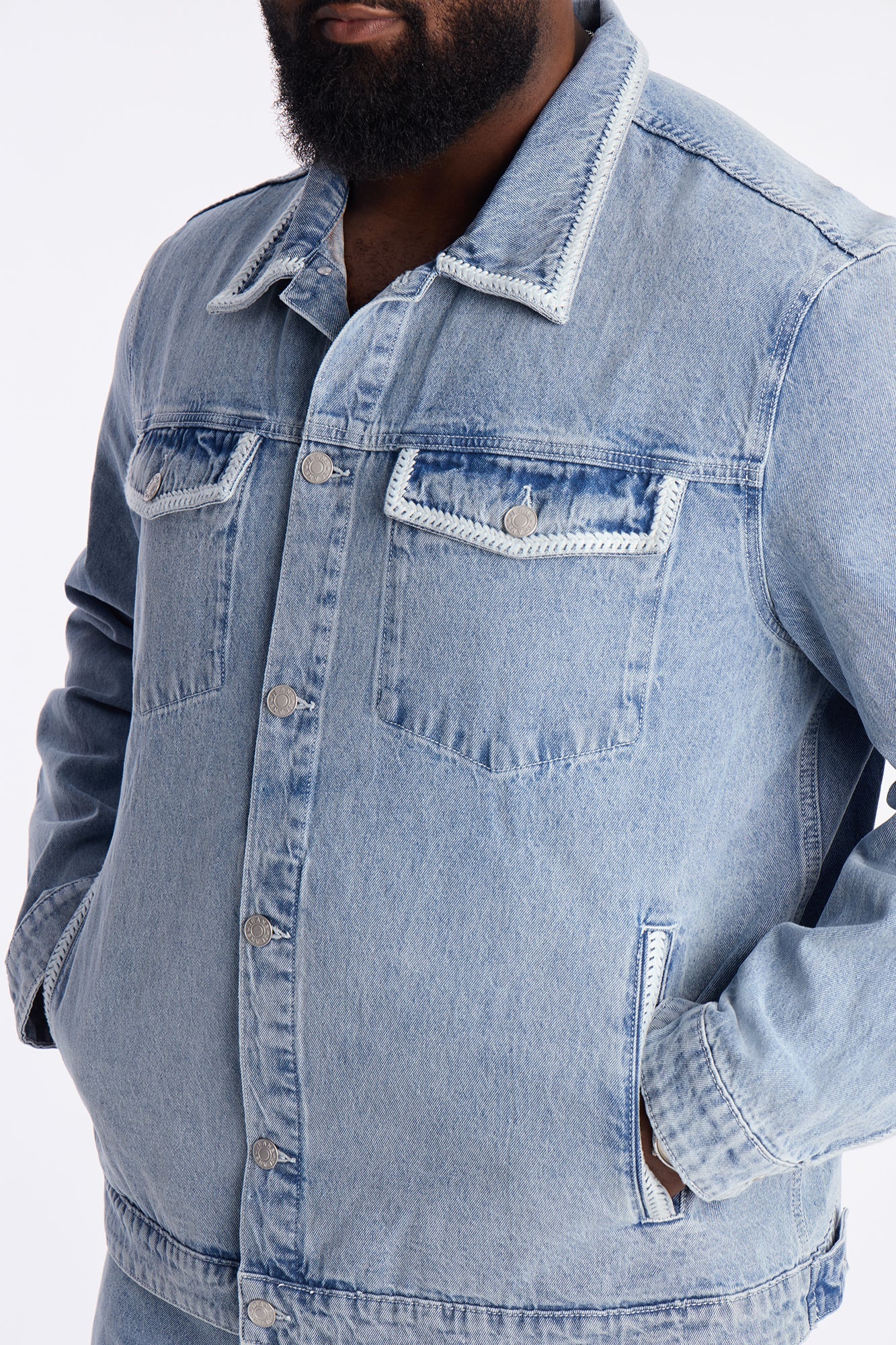 Crochet Denim Trucker Jacket - Light Blue Wash