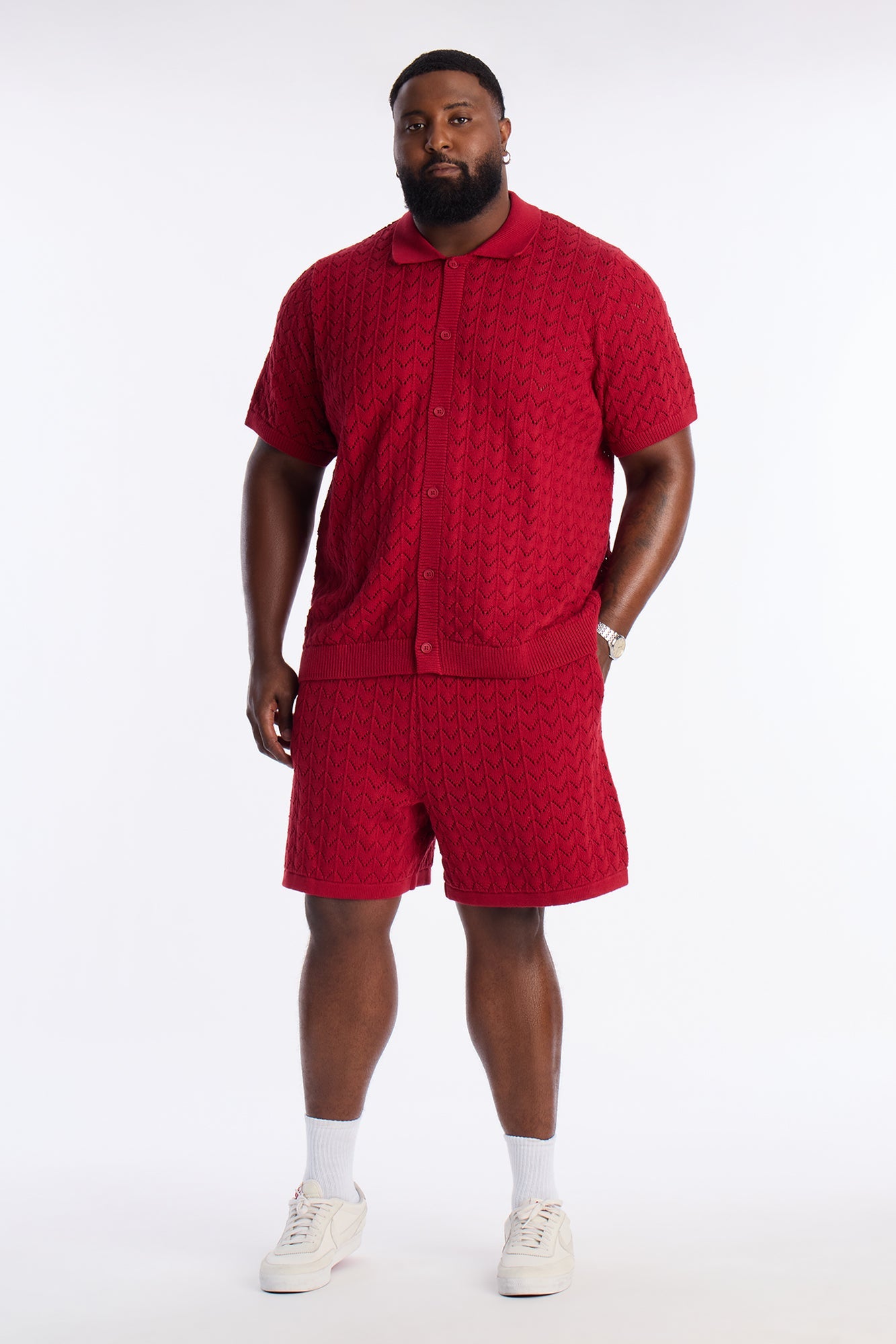 Waterfall Texture Open Knit Shirt - Burgundy