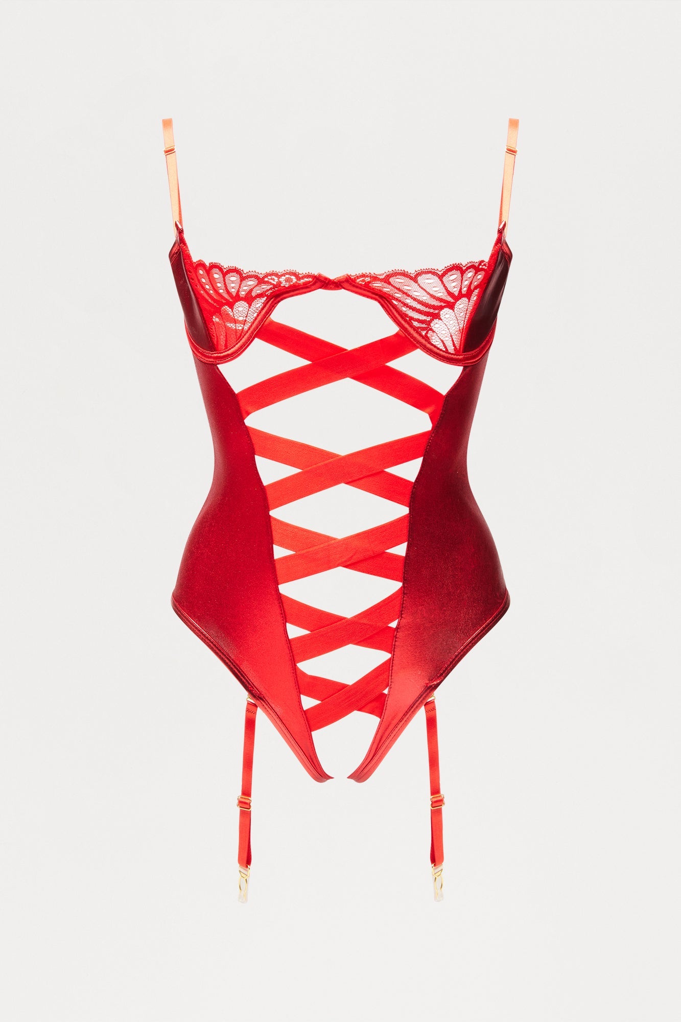 Forbidden Love Faux Leather Lace Up Crotchless Teddy - Red
