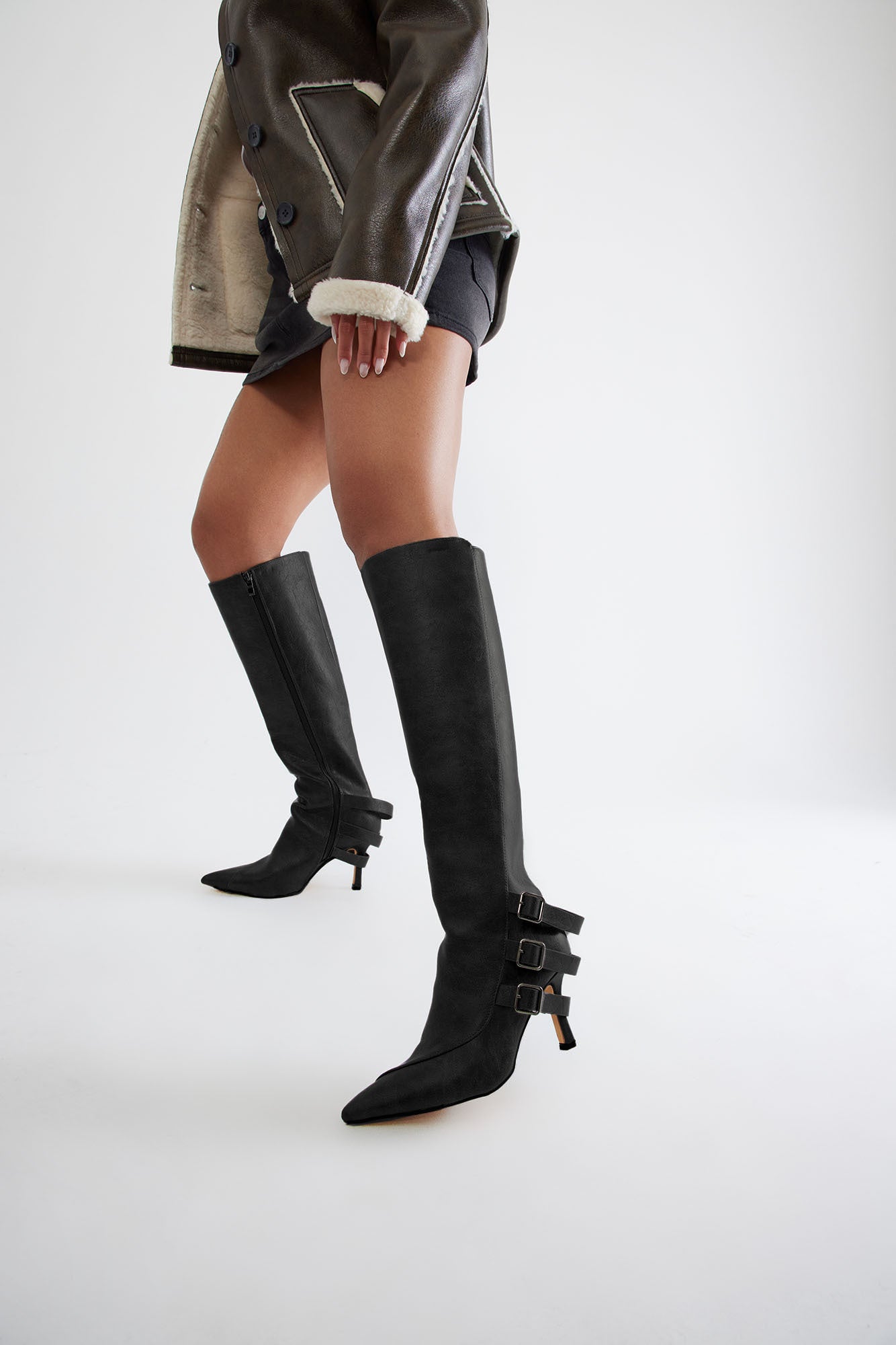 Croix Buckle Knee High Boots - Black