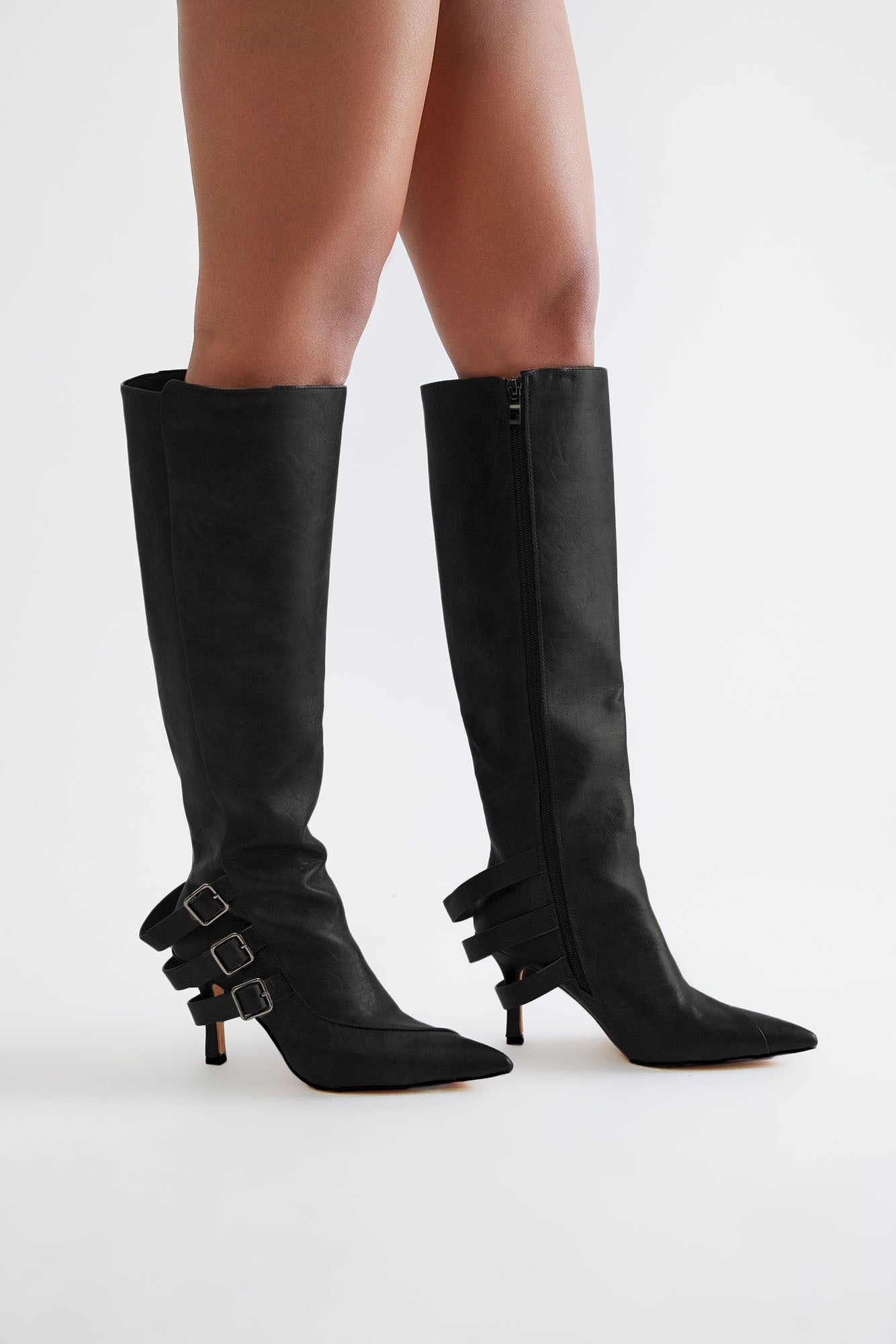 Croix Buckle Knee High Boots - Black