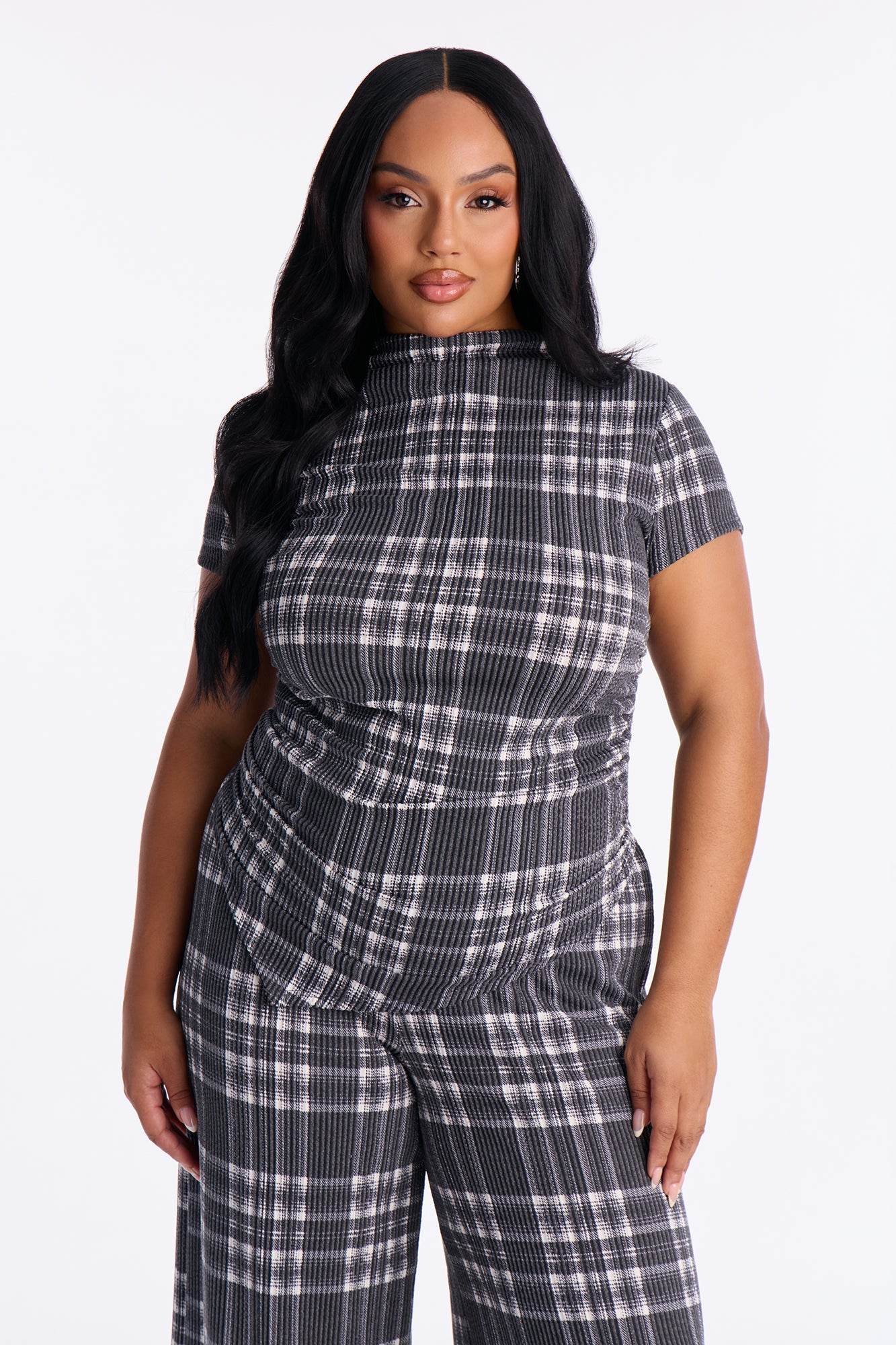 Monique Plaid Pant Set - Charcoal/combo