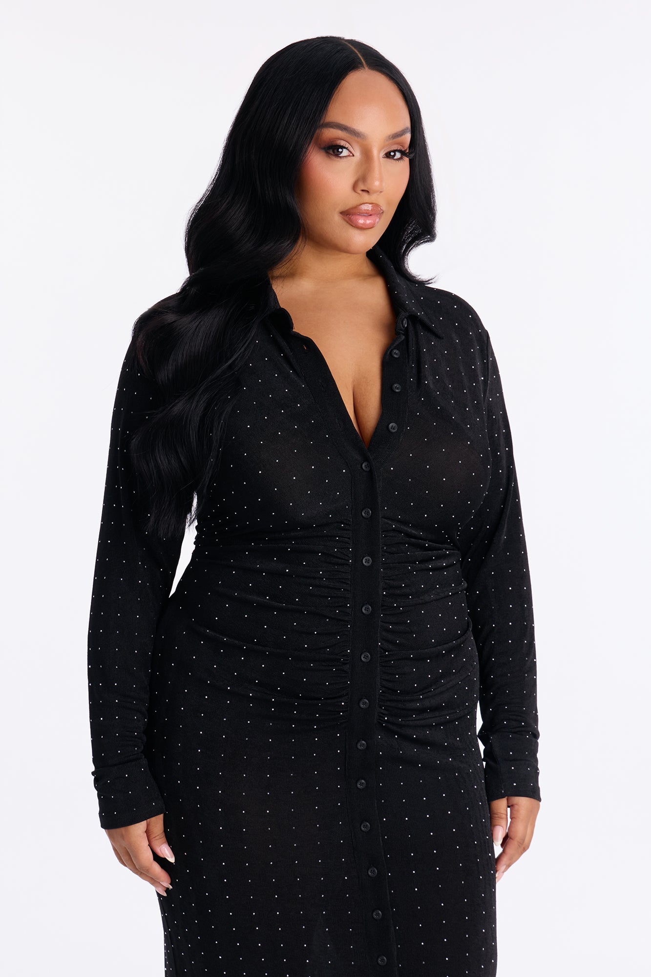 Katie Rhinestone Slinky Midi Dress - Black