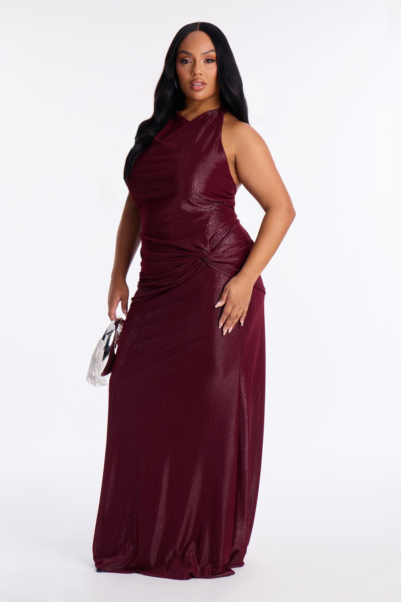 All For You Backless Metallic Maxi Dress - Burgundy