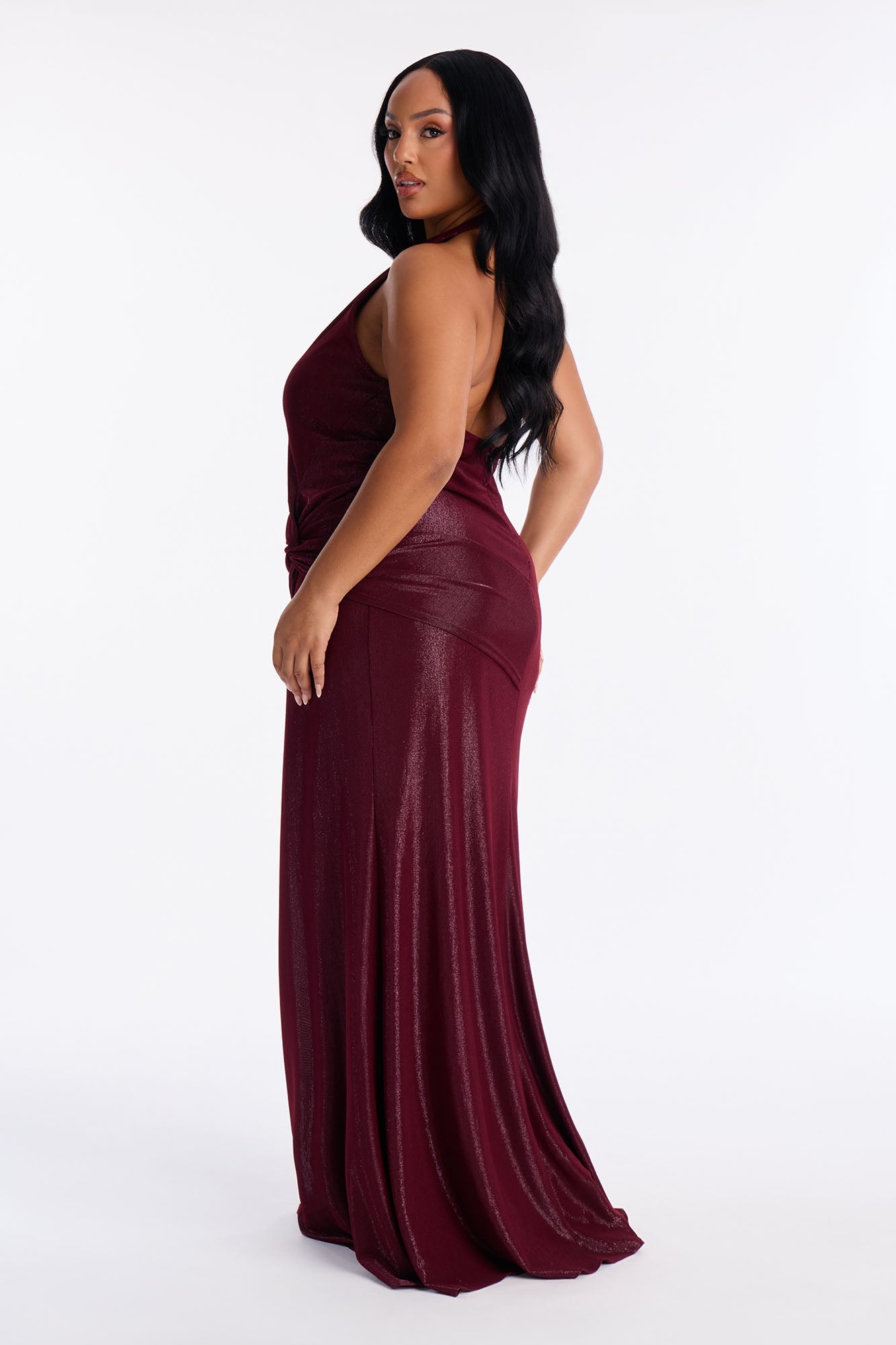 All For You Backless Metallic Maxi Dress - Burgundy