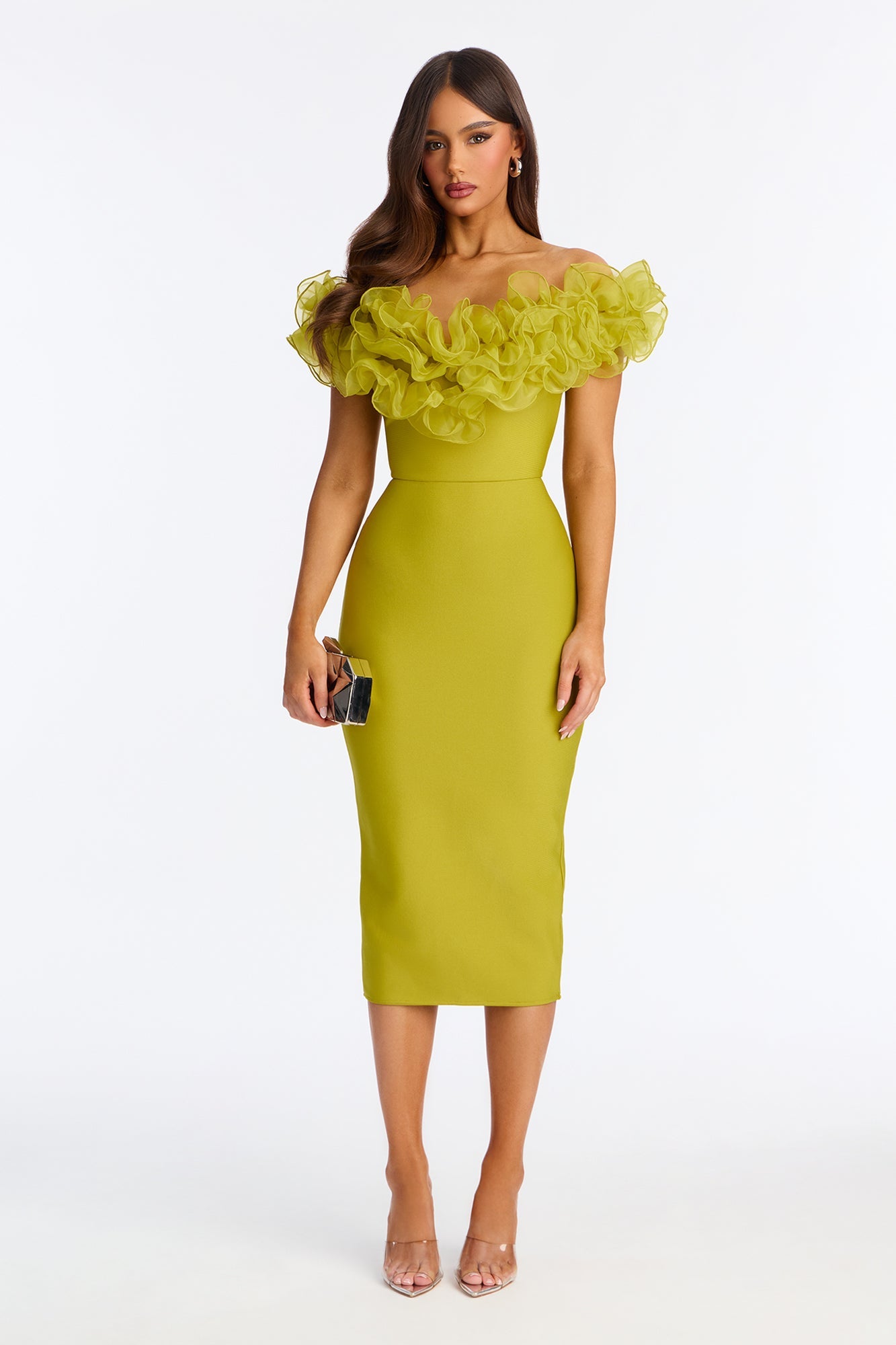Date Night Ruffle Bandage Midi Dress - Chartreuse