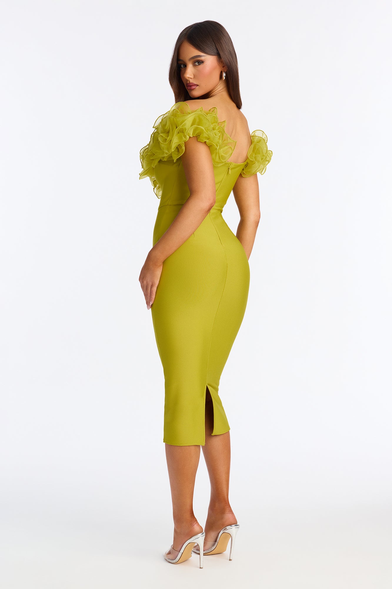 Date Night Ruffle Bandage Midi Dress - Chartreuse