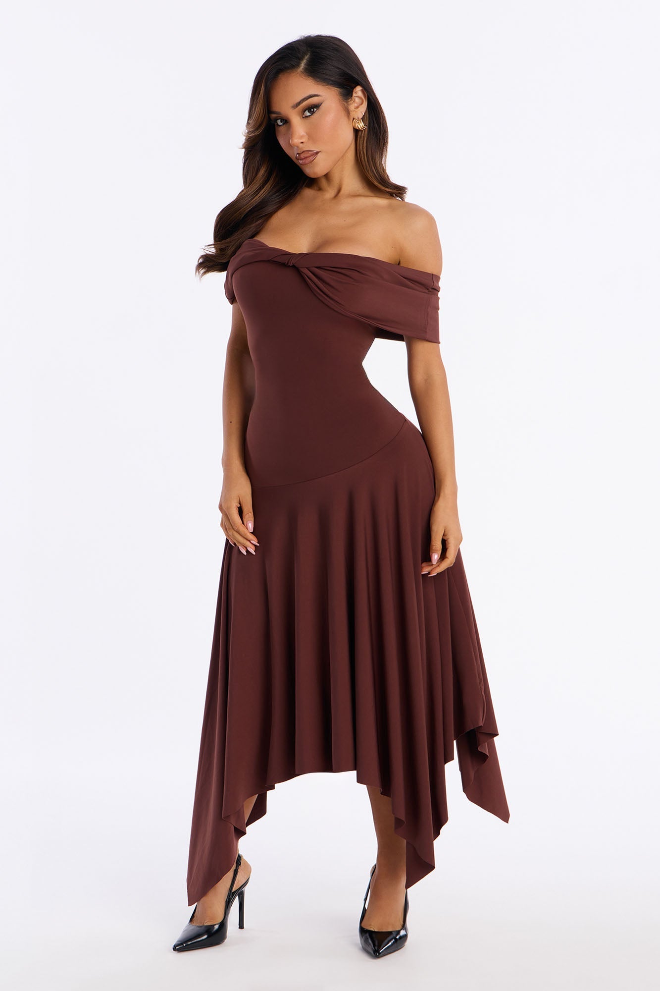 Brielle Asymmetrical Midi Dress - Chocolate