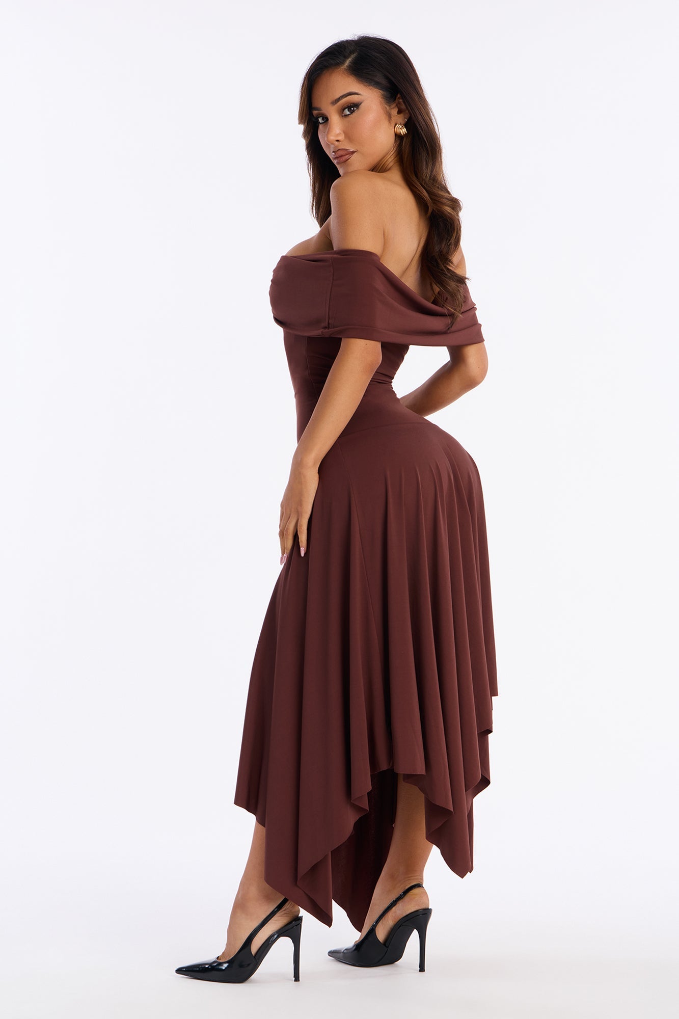 Brielle Asymmetrical Midi Dress - Chocolate