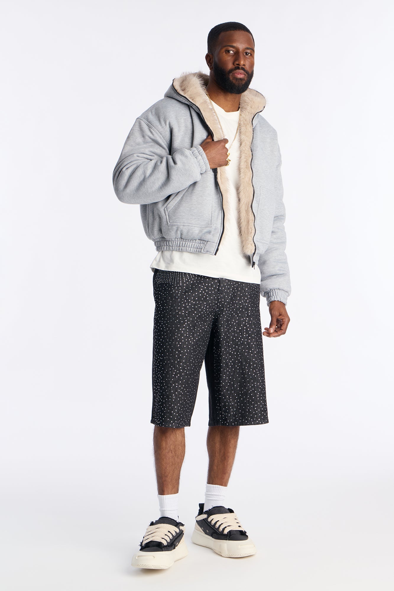 Faux Fur Hooded Zip Up Hoodie - Grey