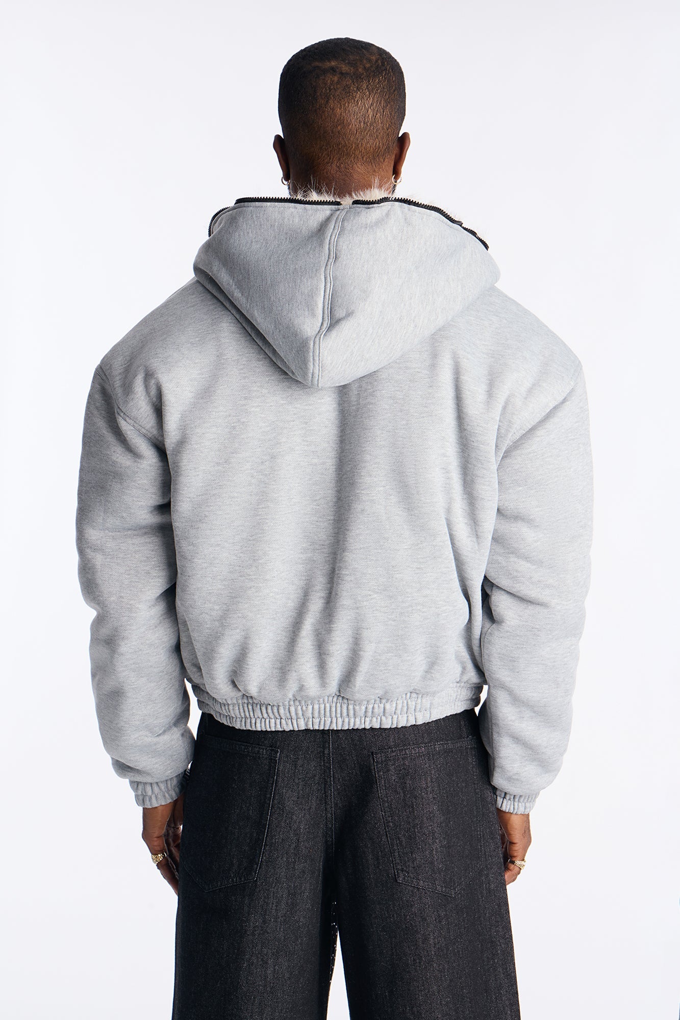 Faux Fur Hooded Zip Up Hoodie - Grey