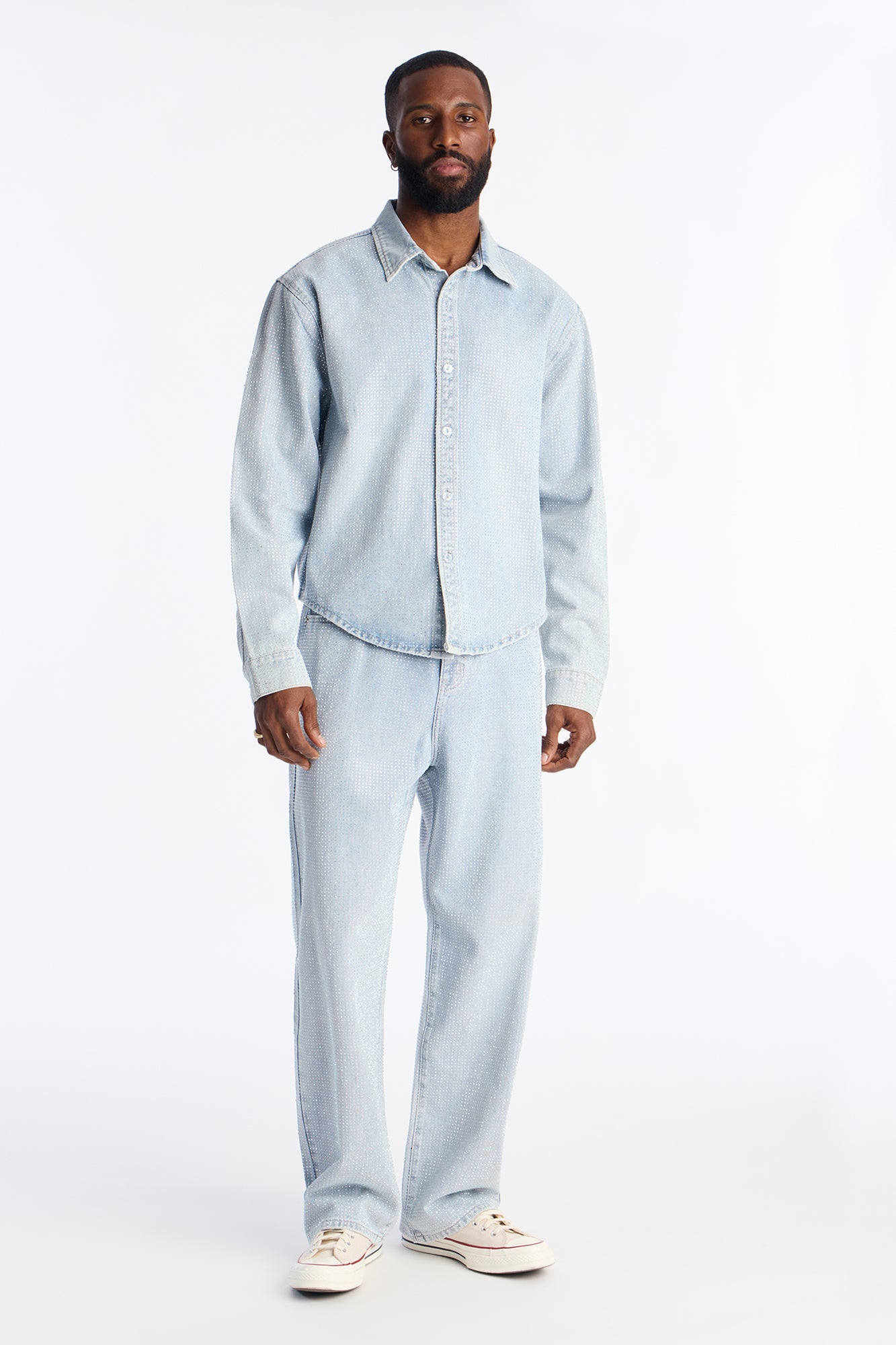 Jeweled Diamond Drift Denim Button Up Shirt - Light Blue Wash