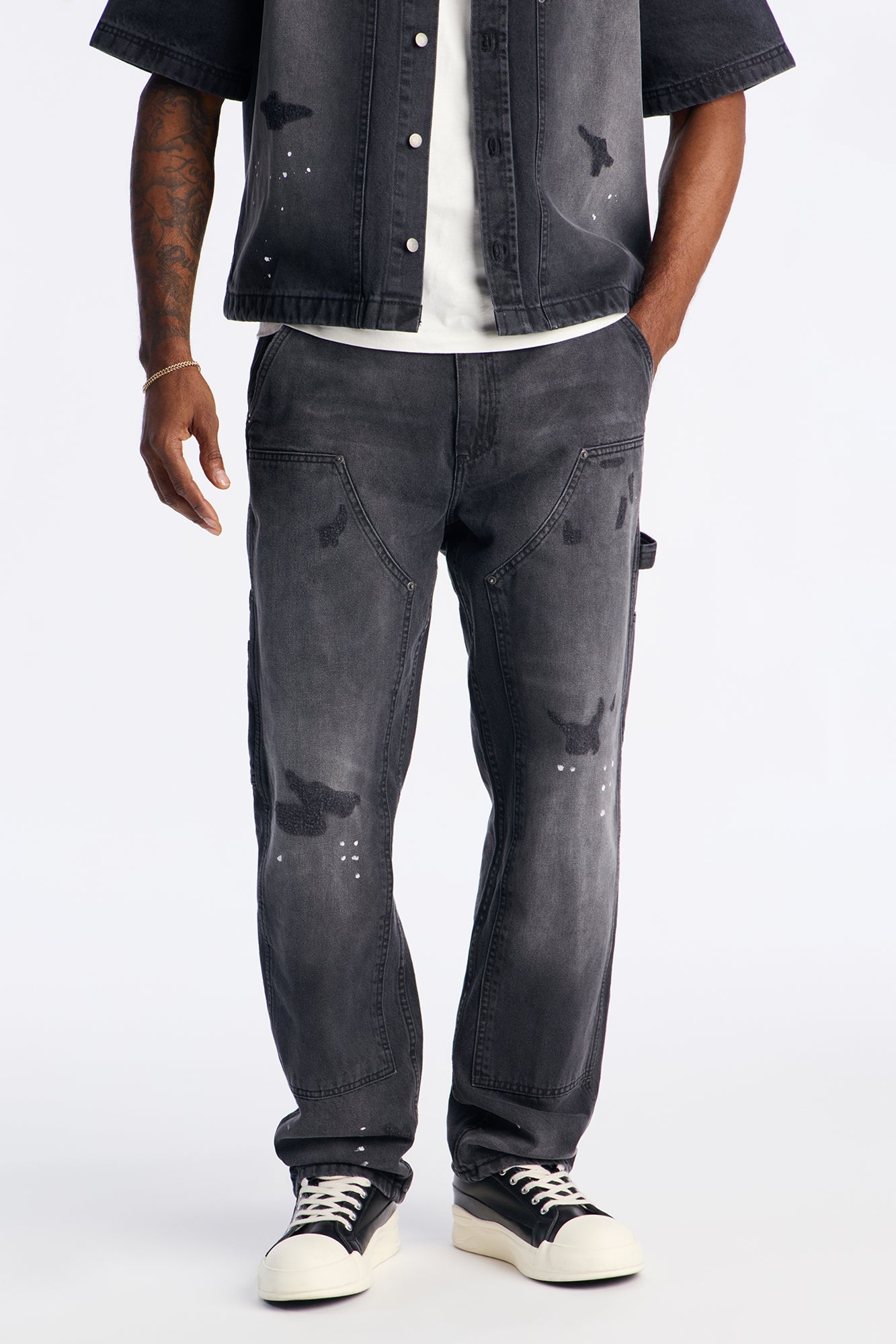 Straight Splatter Paint Distressed Carpenter Work Pant - Black Wash
