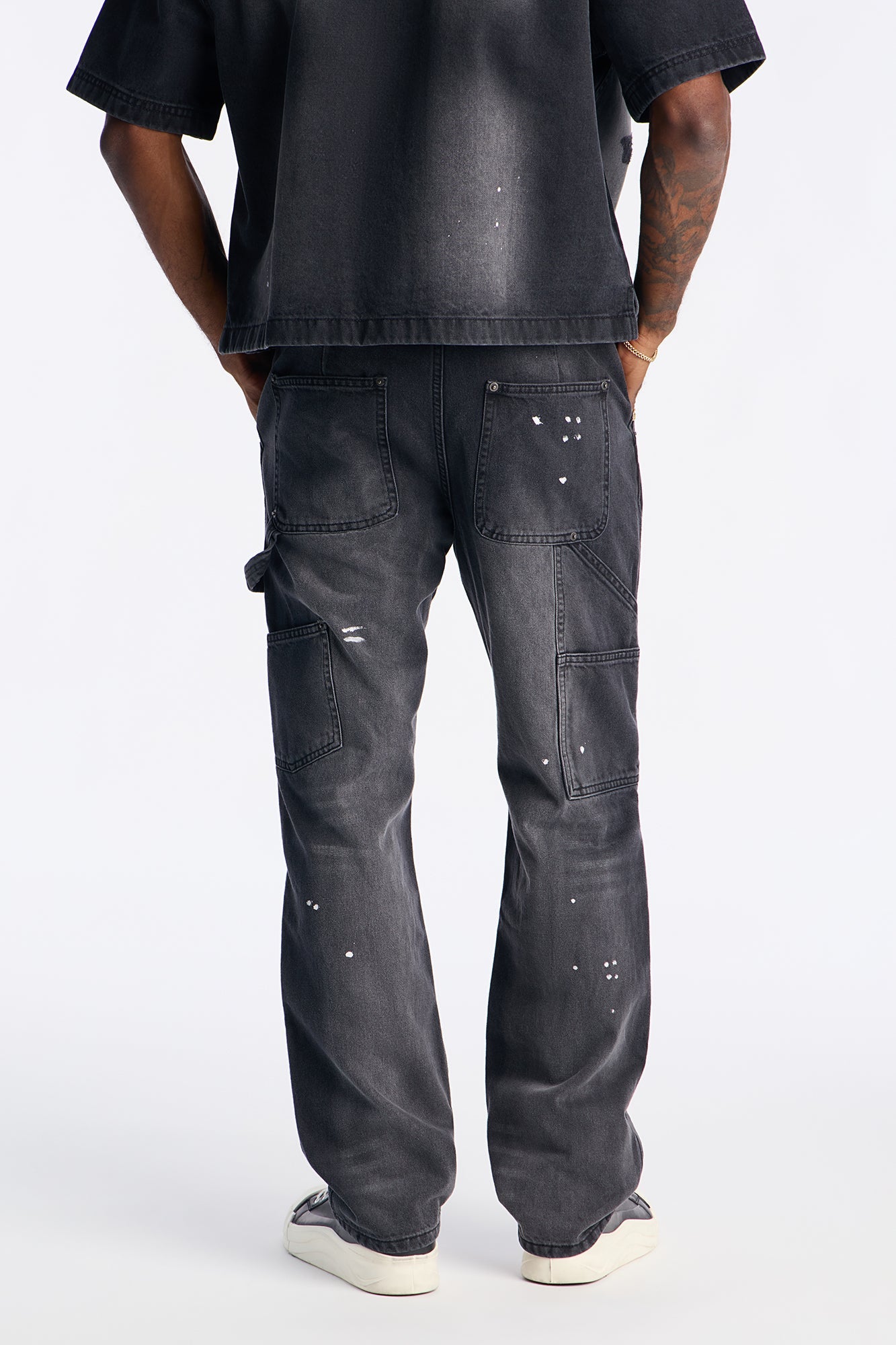 Straight Splatter Paint Distressed Carpenter Work Pant - Black Wash