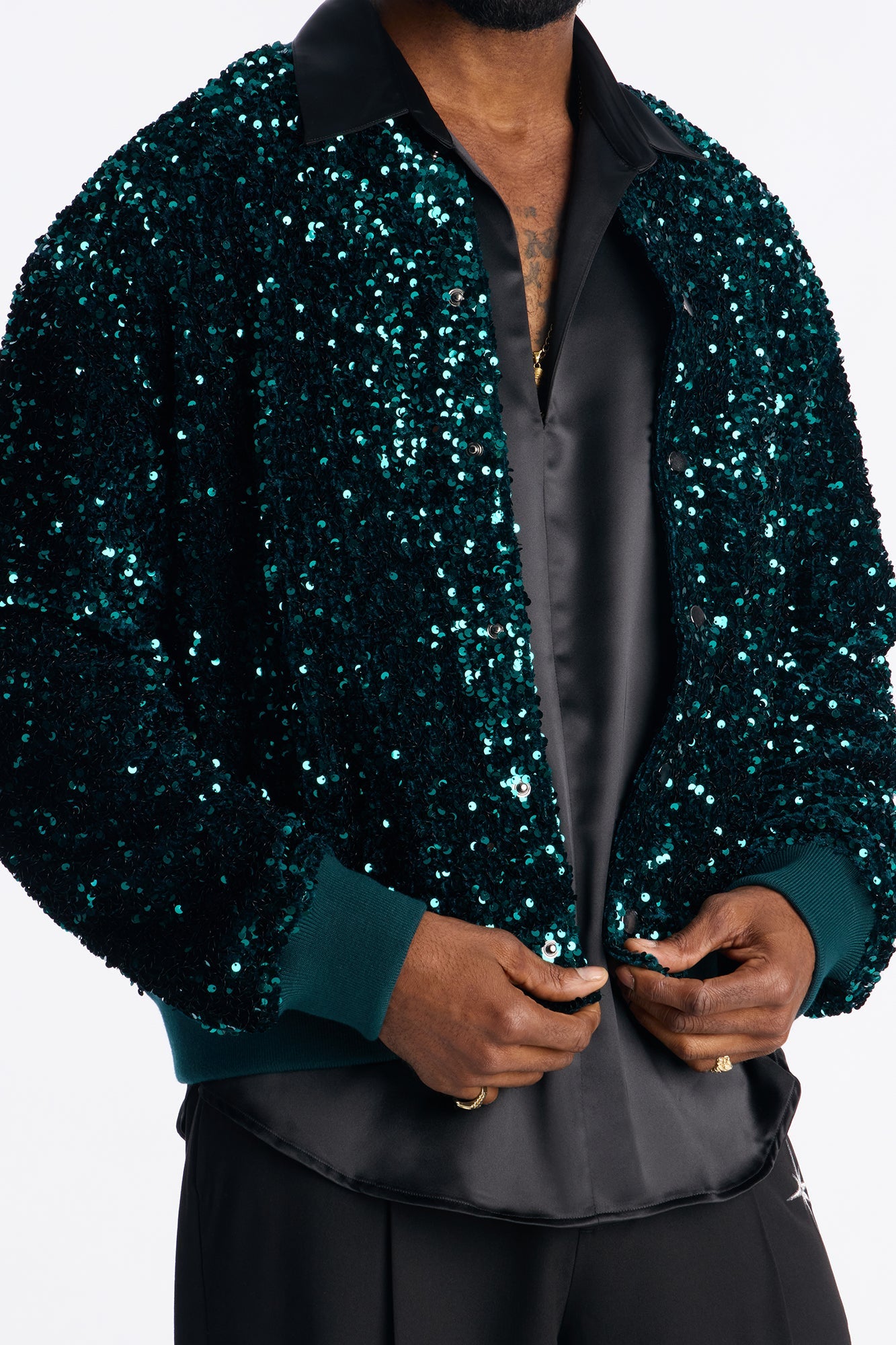 Textured Blinged Out Sequin Bomber Jacket - Green