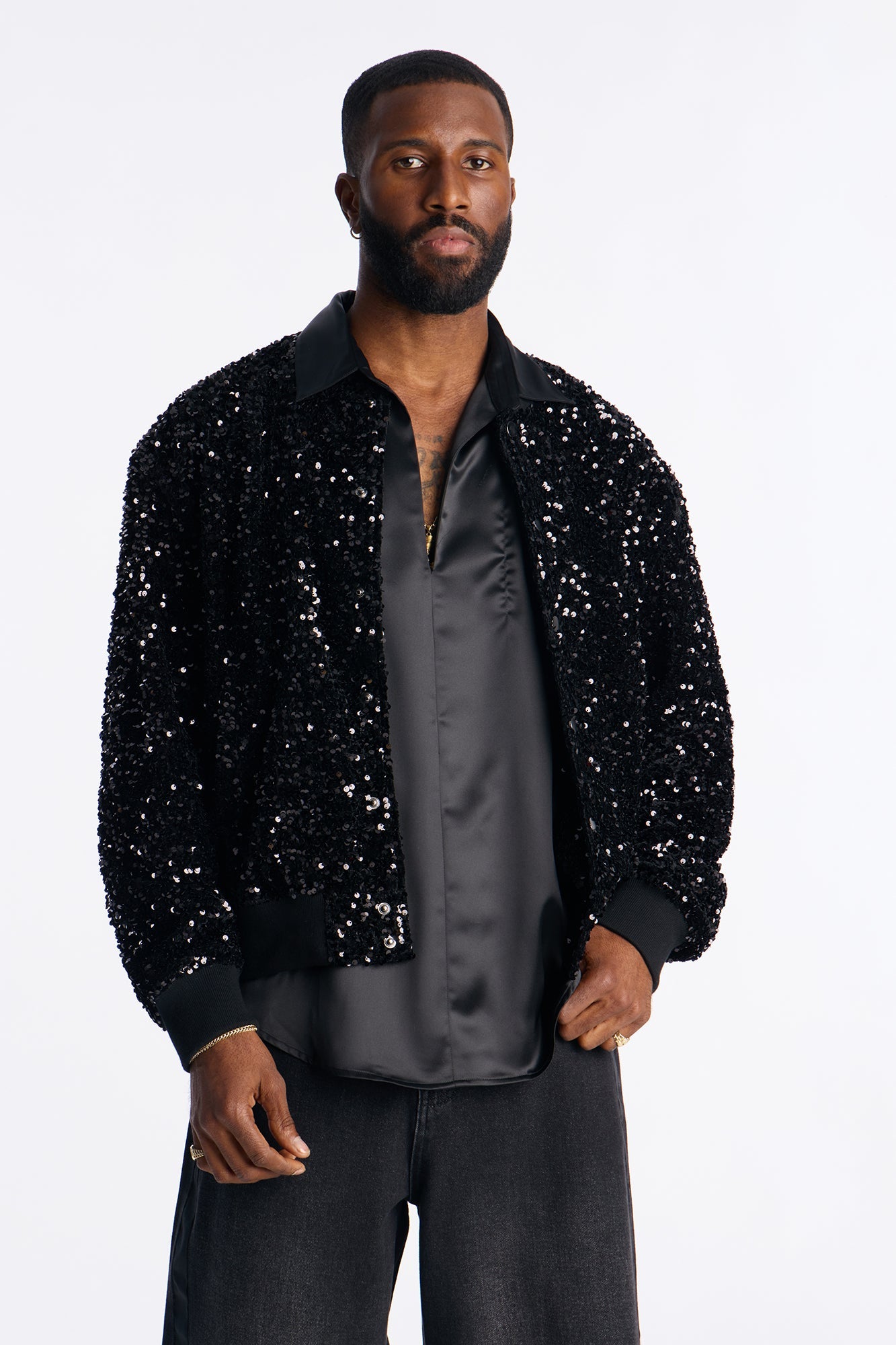 Textured Blinged Out Sequin Bomber Jacket - Black