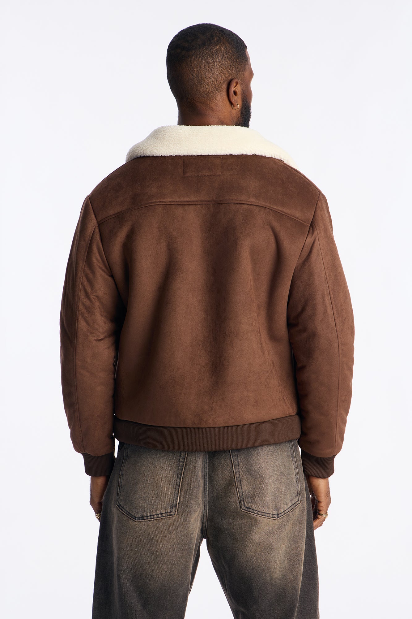 Padded Faux Suede Sherpa Collar Jacket - Brown