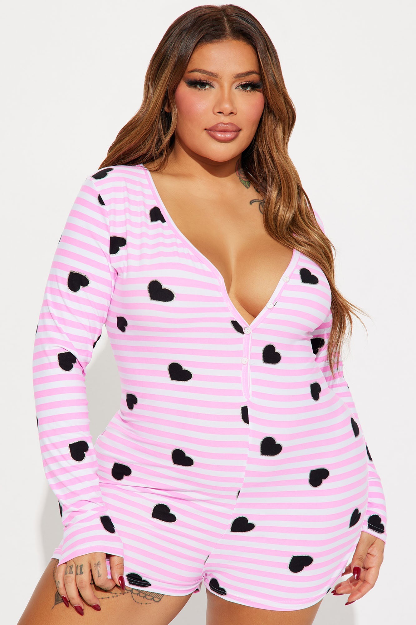 All My Heart Long Sleeve PJ Romper Onesie - Pink/combo