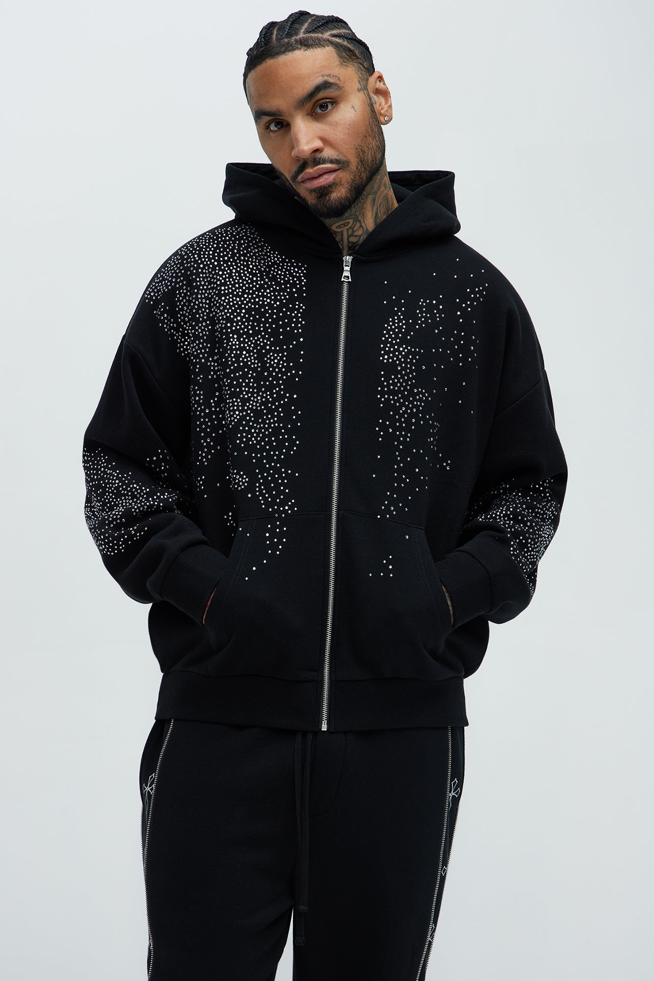 Tyson Capen Rhinestones Oversized Zip Hoodie - Black