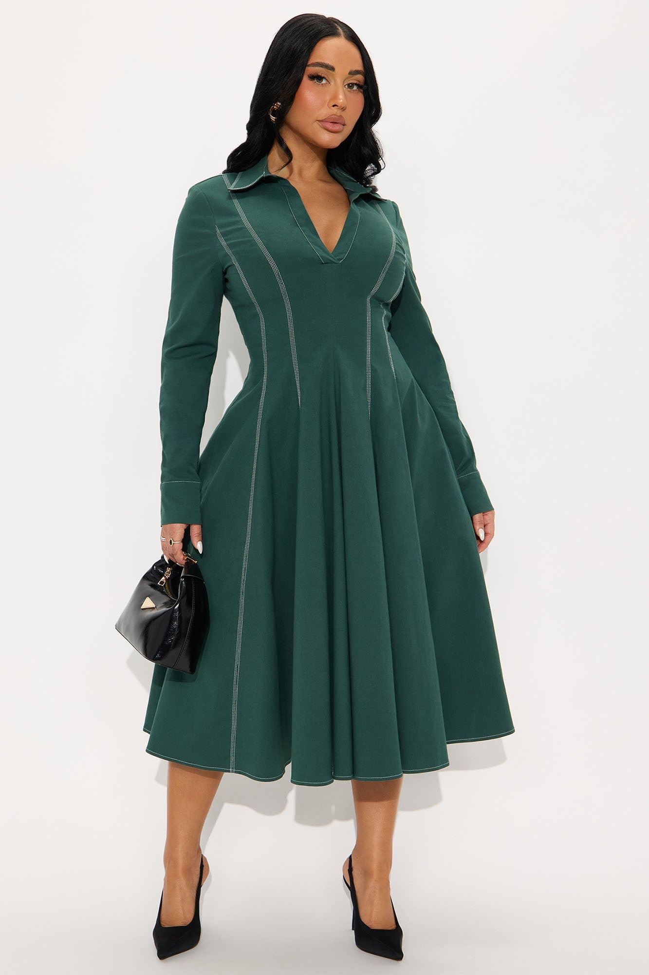 Prim Collared Long Sleeve Midi Dress - Hunter Green
