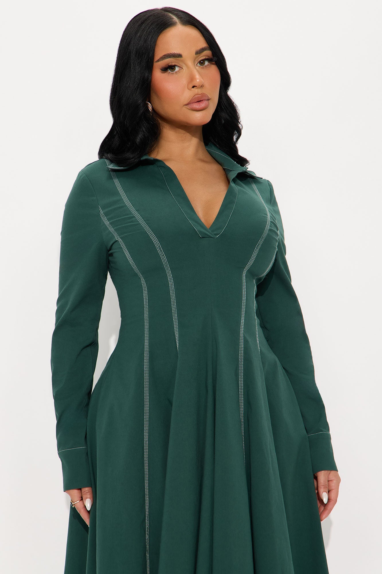 Prim Collared Long Sleeve Midi Dress - Hunter Green