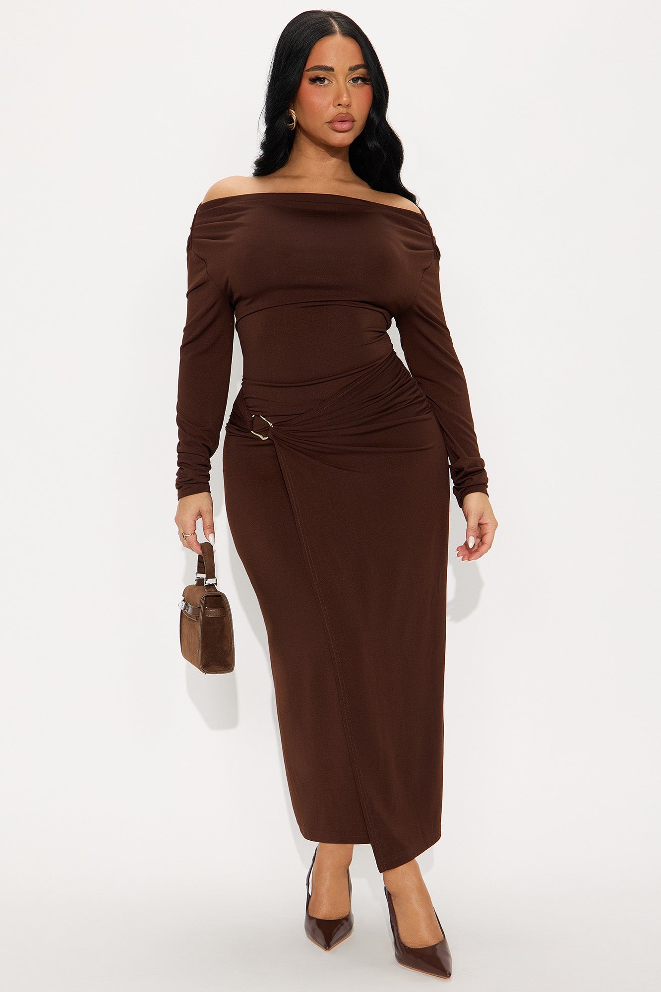 Aria Off Shoulder Draped Midi Dress - Chocolate