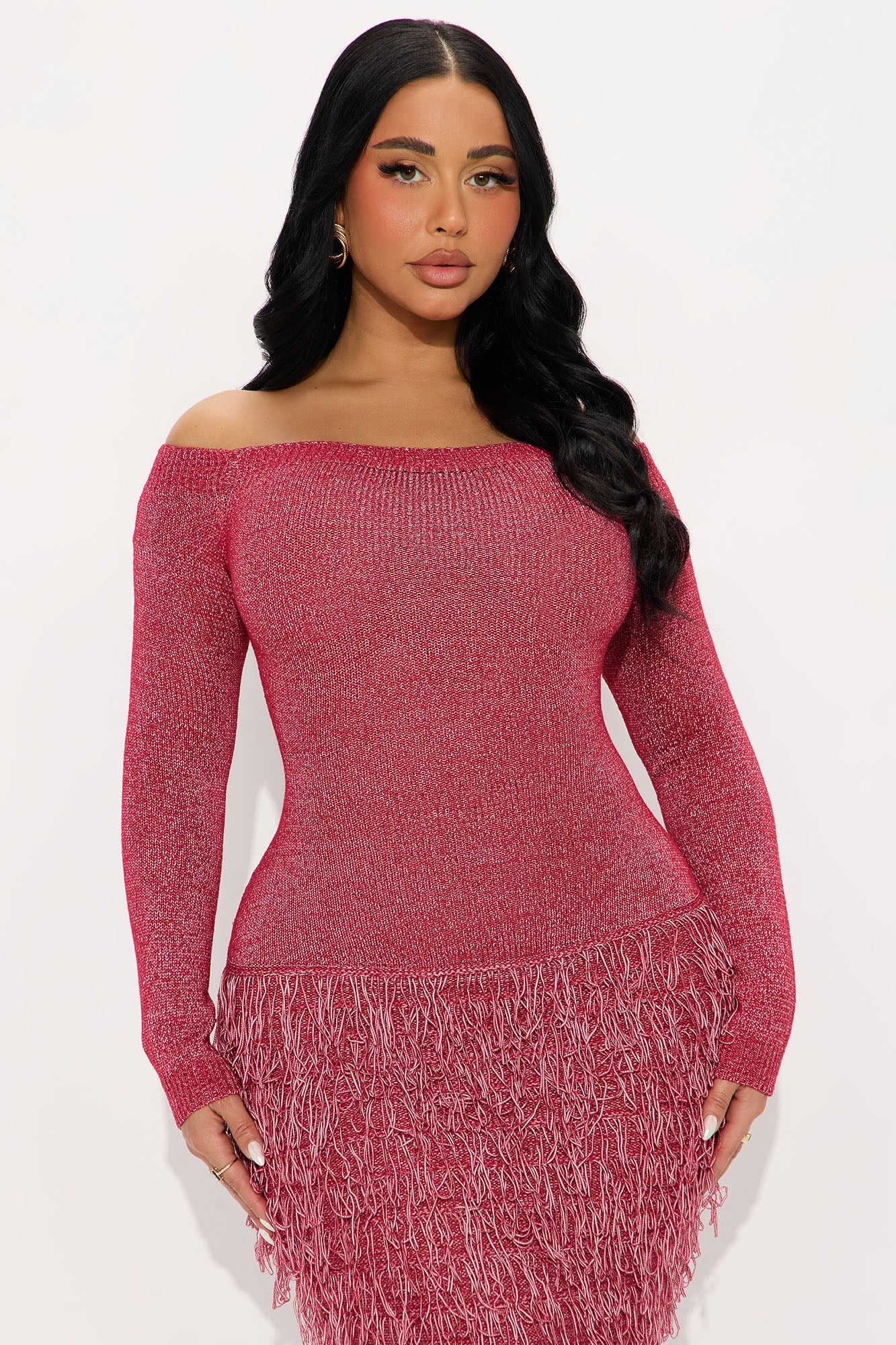 Kimberly Fringe Sweater Maxi Dress - Red
