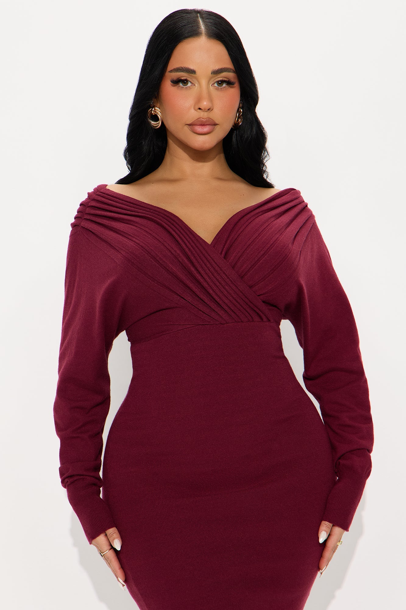 Lisa Long Sleeve Sweater Midi Dress - Wine