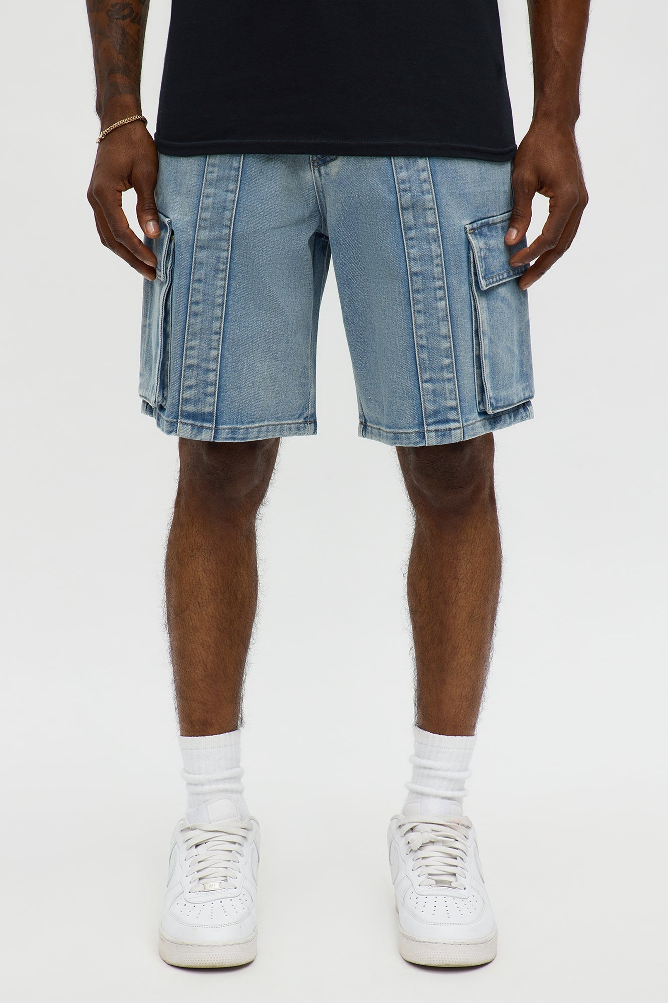 Relaxed Catch Me Camping Paneled Denim Cargo Short - Light Blue Wash