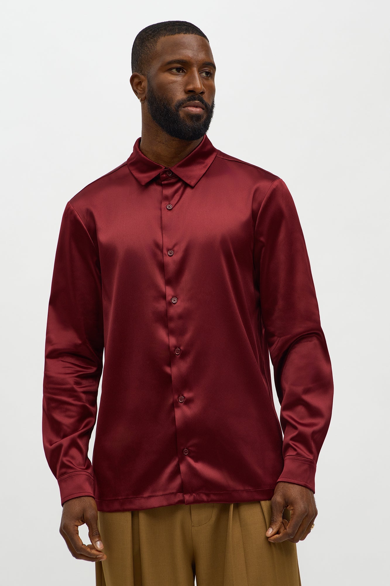 Links Satin Long Sleeve Button Up Shirt - Burgundy