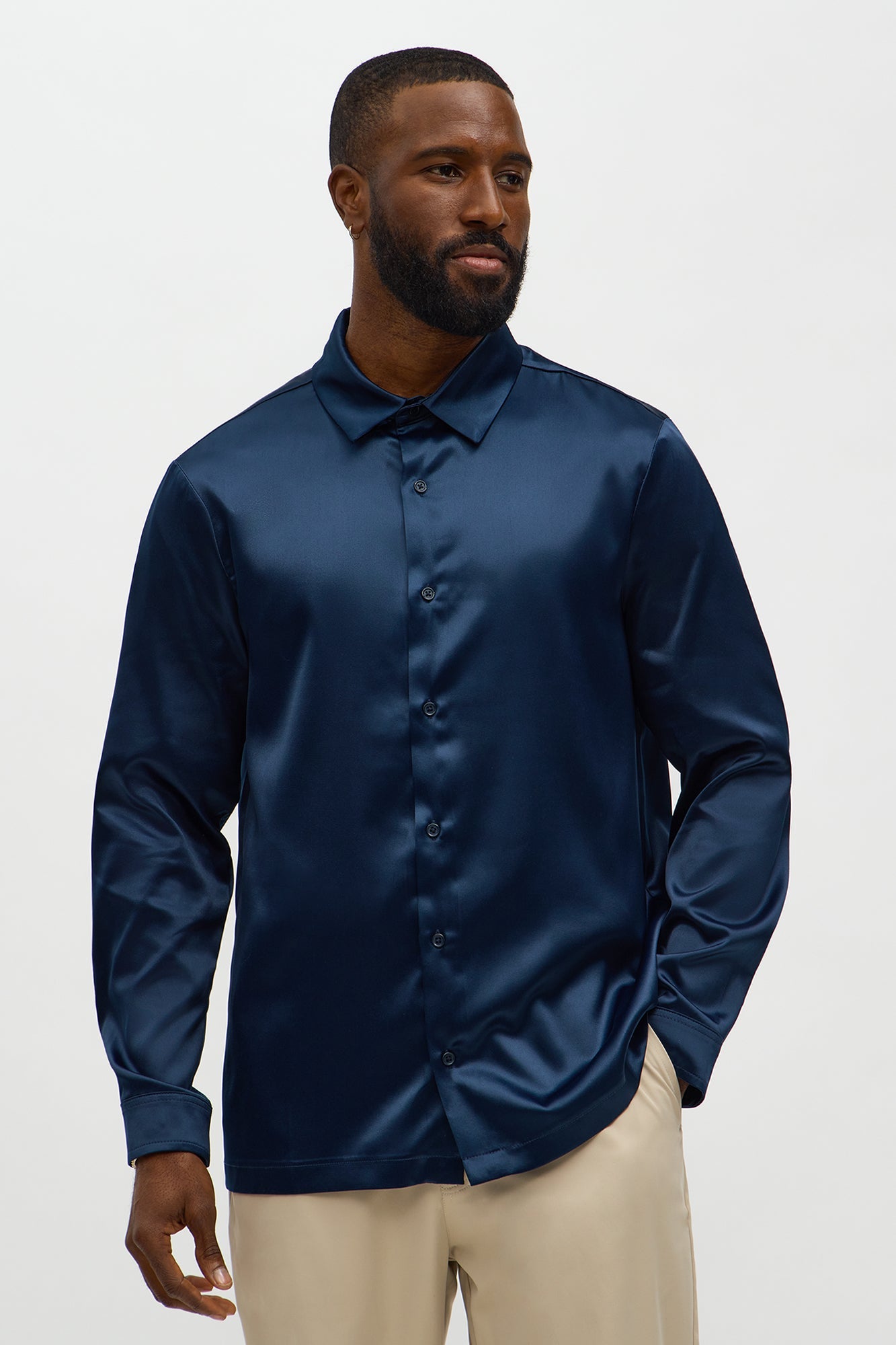 Links Satin Long Sleeve Button Up Shirt - Midnight Blue
