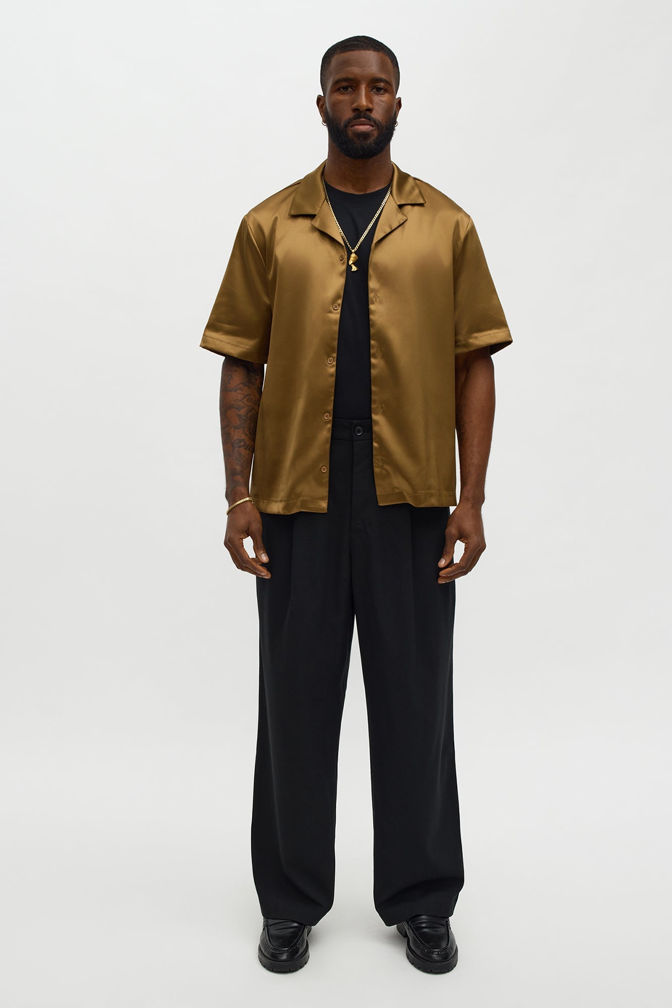Links Satin Short Sleeve Button Up Shirt - Gold
