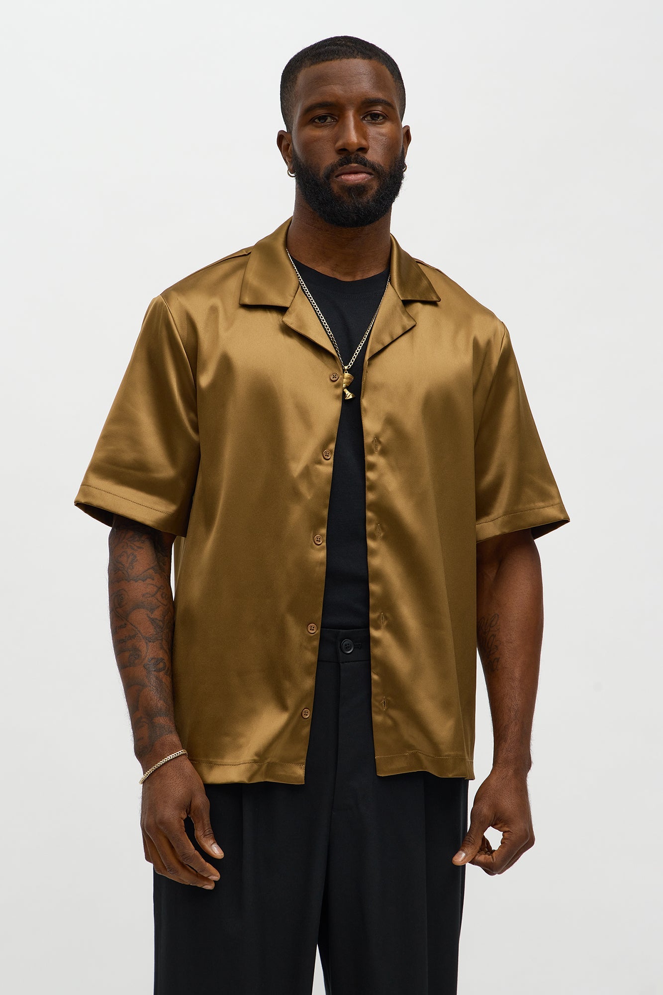 Links Satin Short Sleeve Button Up Shirt - Gold