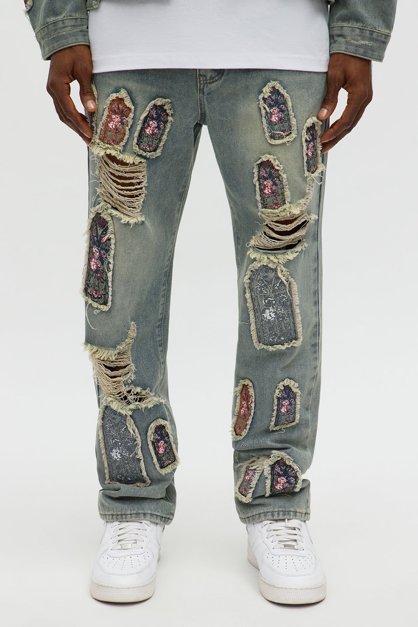 Relaxed Straight Holy Windows Patched Distressed Jean - Vintage Blue Wash
