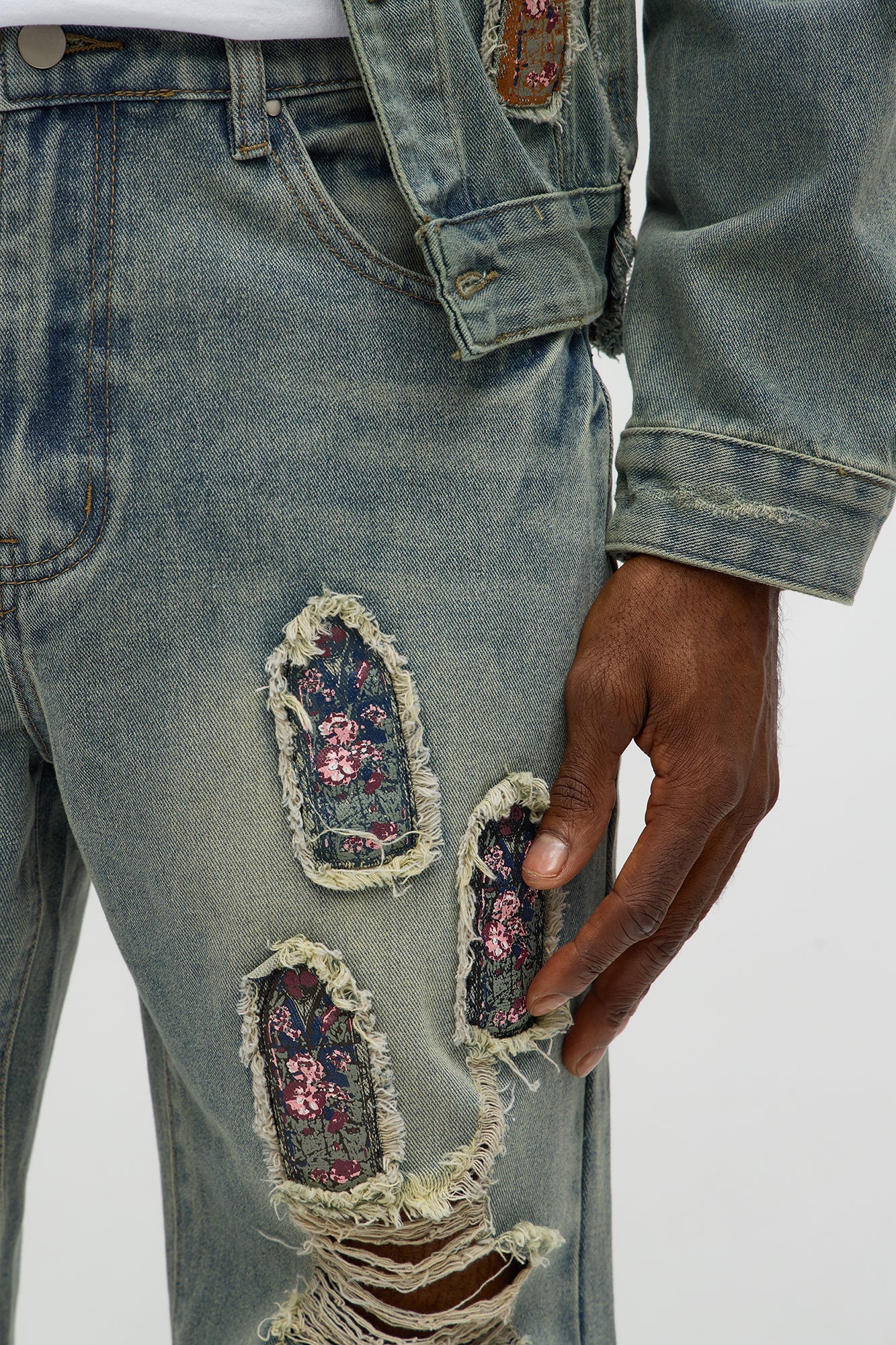 Relaxed Straight Holy Windows Patched Distressed Jean - Vintage Blue Wash