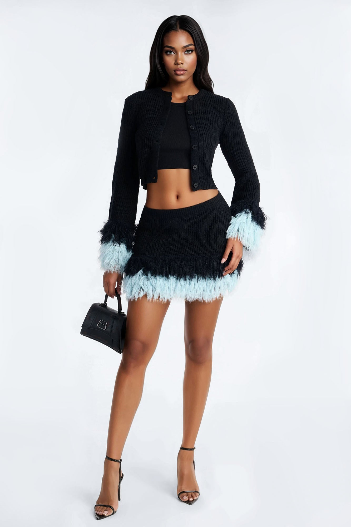 Lana Cardigan Feather Trim Skirt Set - Black