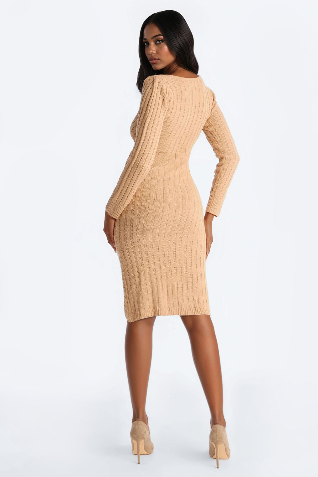 Whitley Tie Front Sweater Midi Dress - Taupe