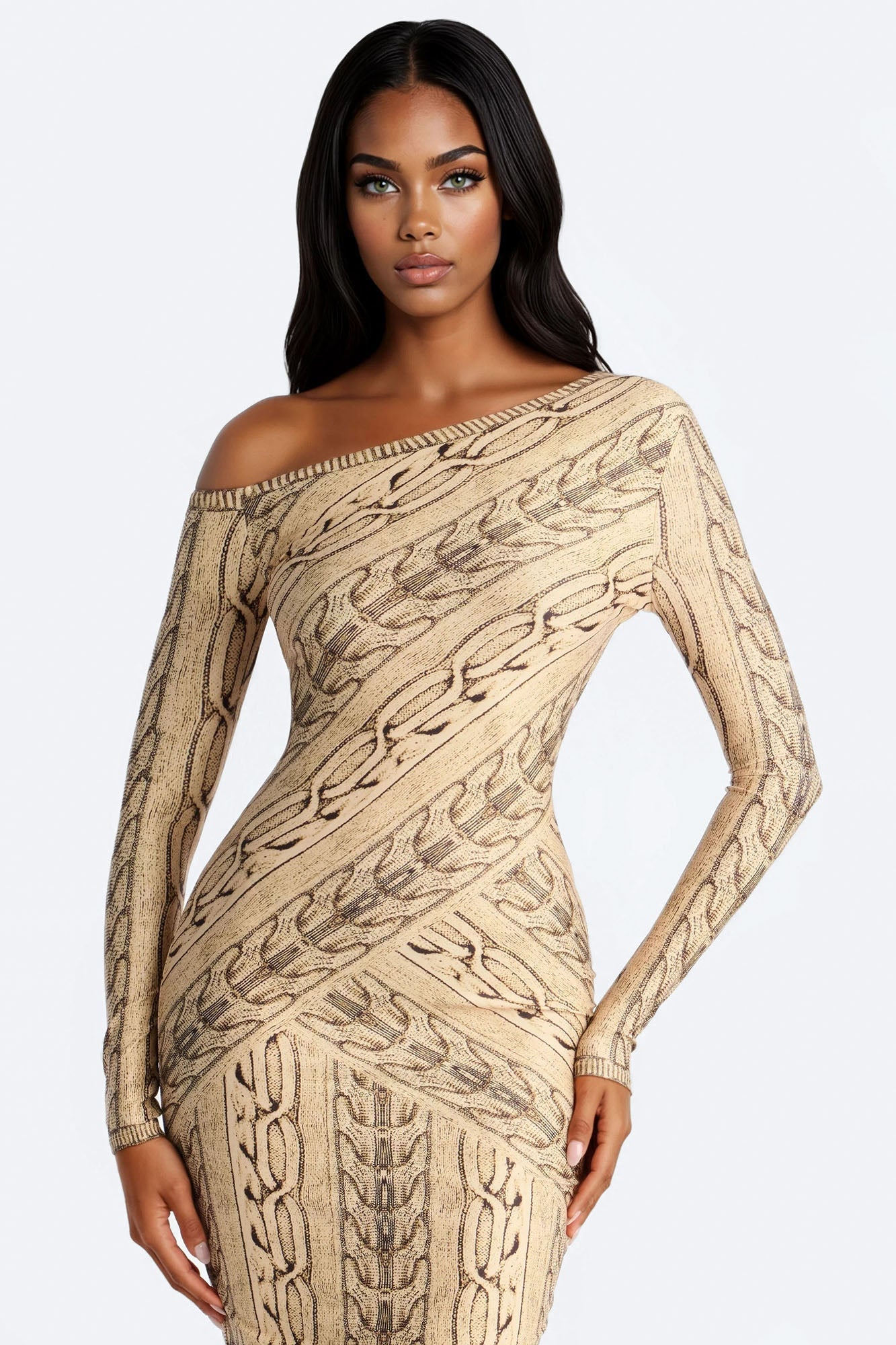 Chained Up One Shoulder Midi Dress - Taupe