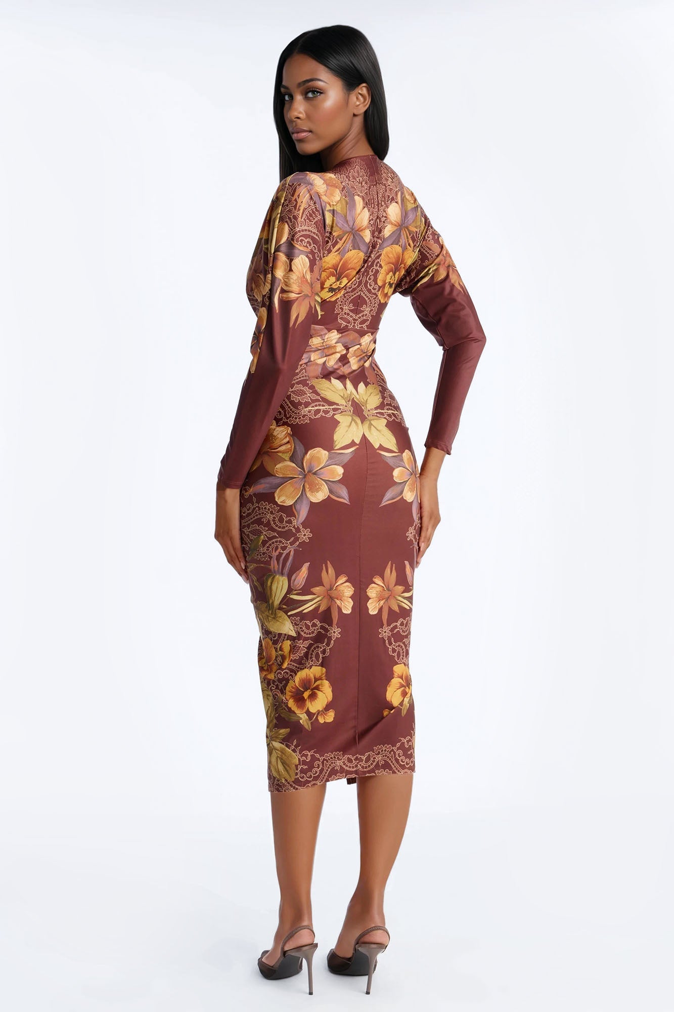 European Dreaming Long Sleeve Midi Dress - Brown/combo