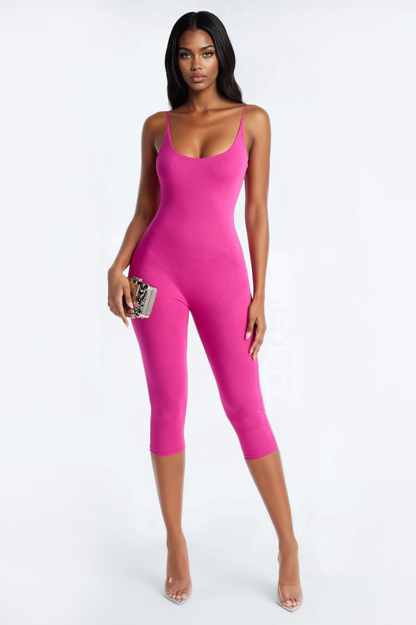 Kaya Double Lined Jersey Capri Catsuit - Magenta