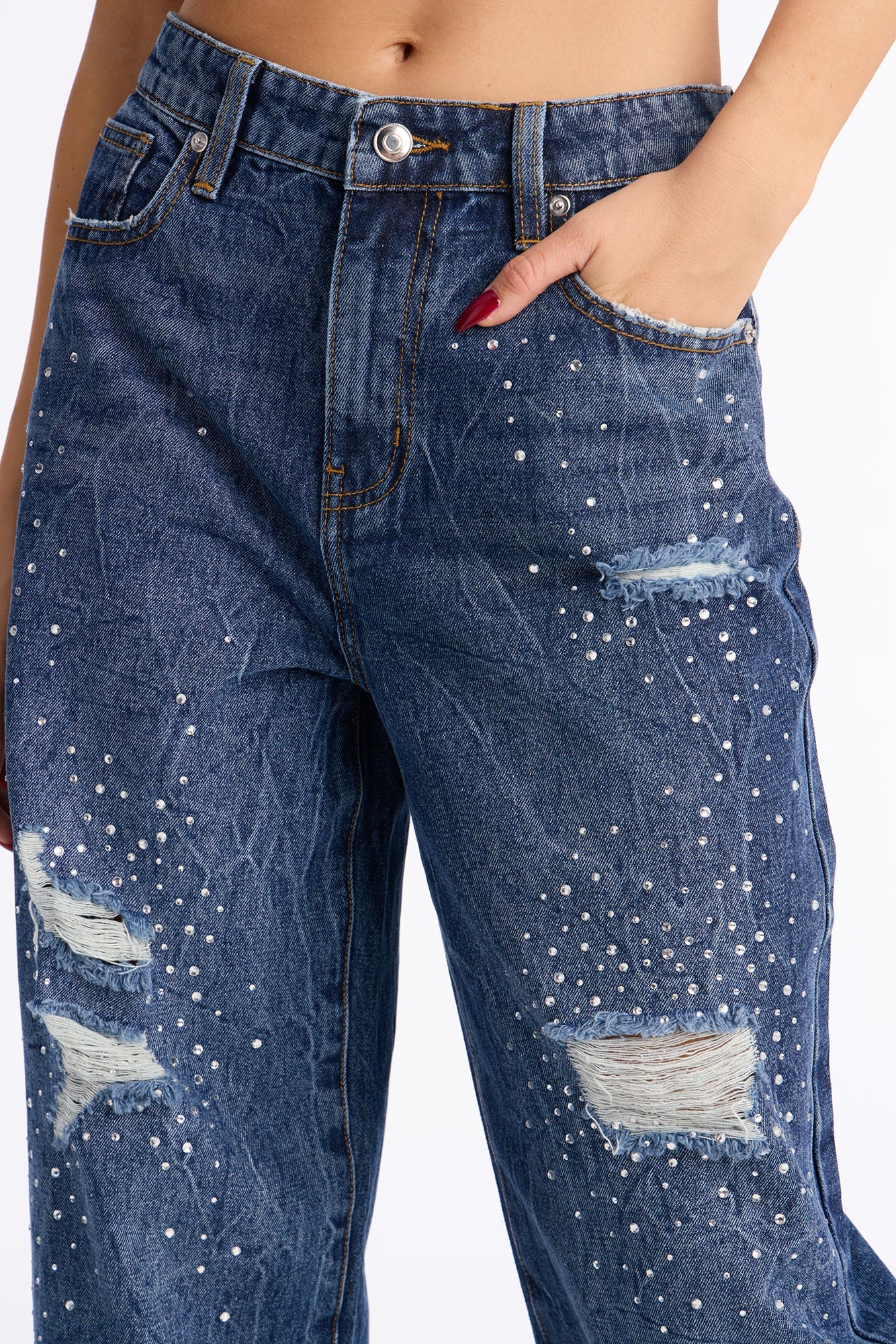 Dazzle Me Embellished Ripped Wide Leg Jeans - Dark Wash
