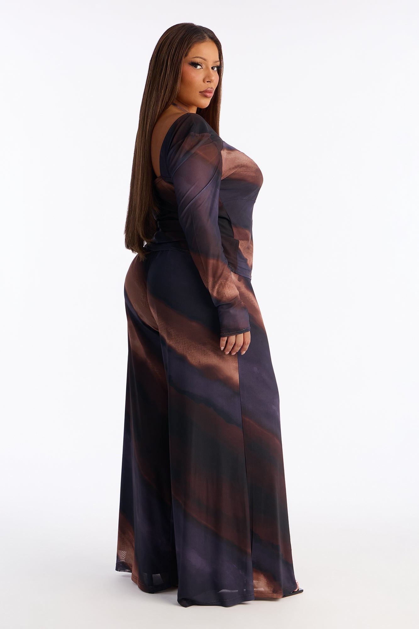 Liana Mesh Tie Neck Top And Wide Leg Pant Set - Brown/combo
