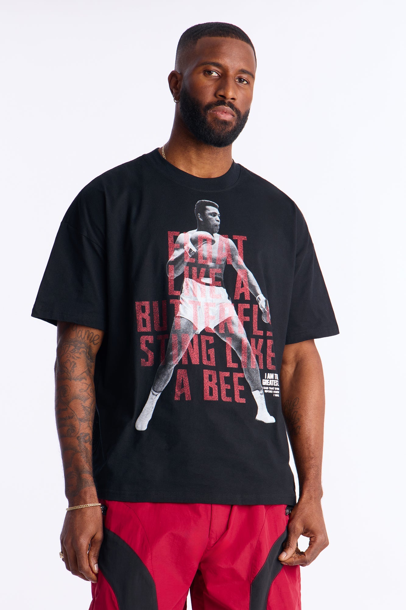 Boxy Muhammad Ali Glitter Printed Short Sleeve Tee - Black