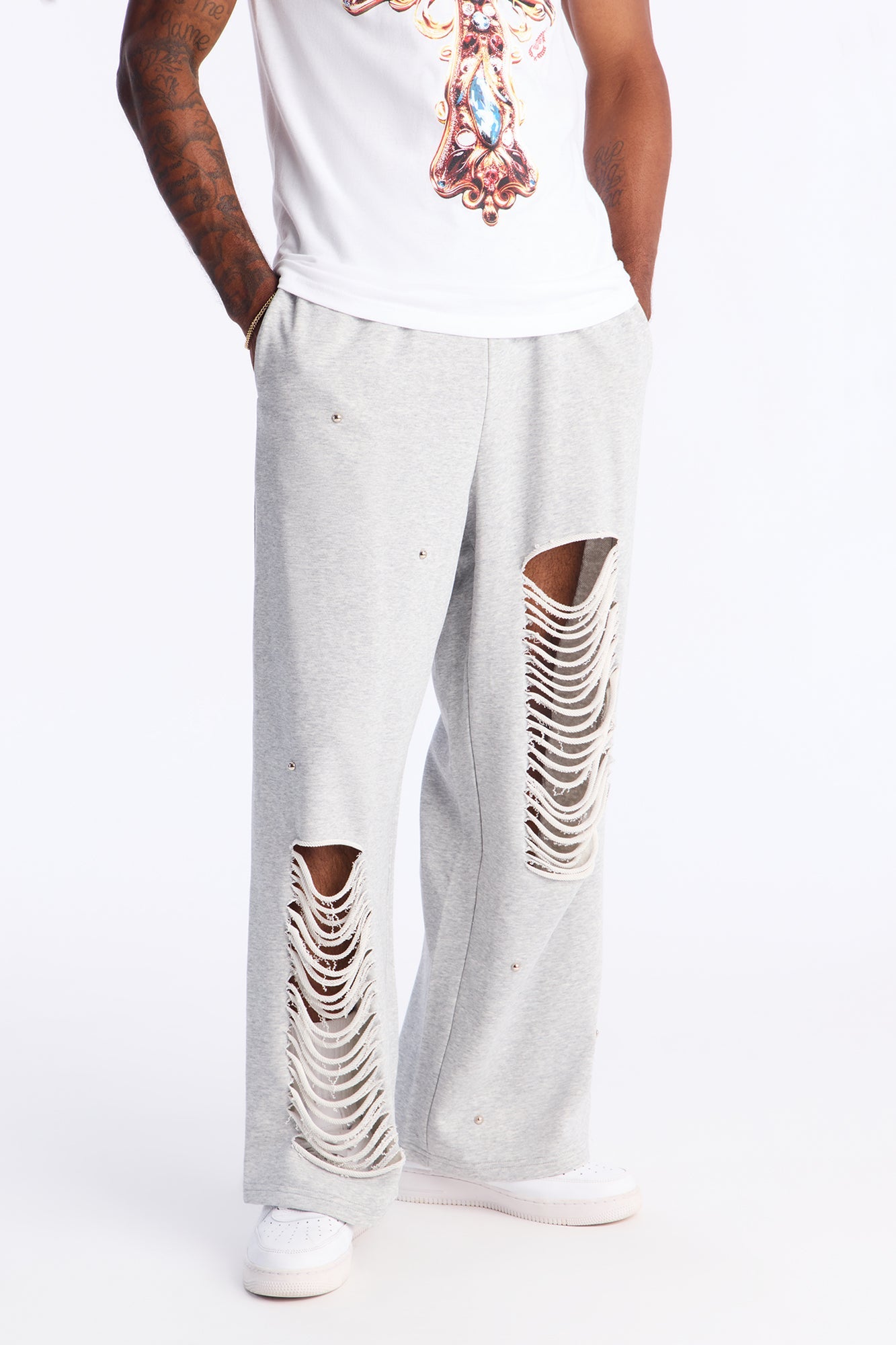 Distressed Wide Leg Sweatpants - Grey