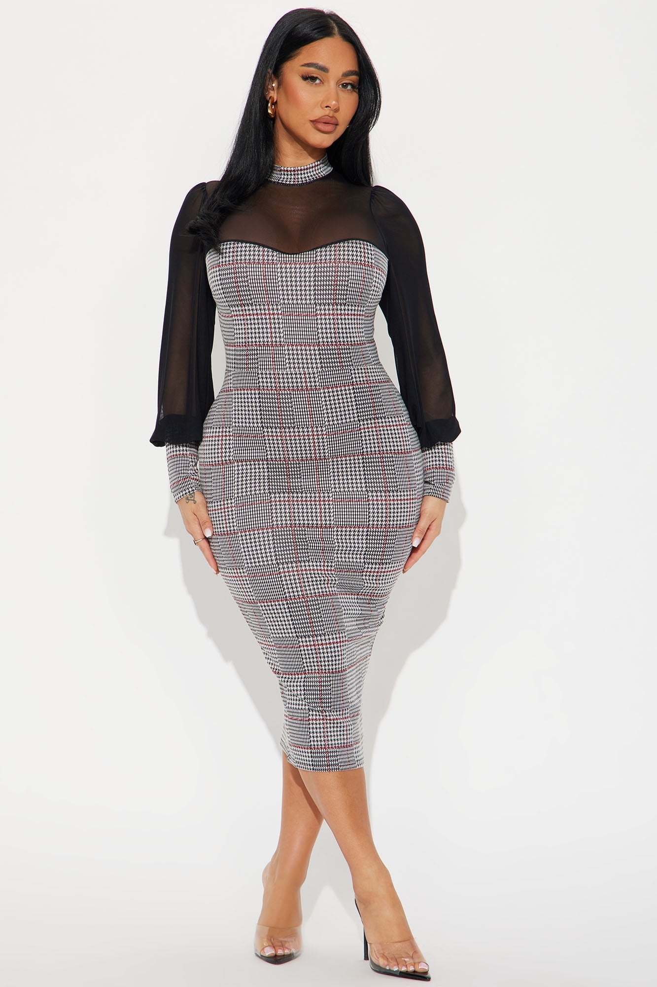 Hard To Handle Houndstooth Midi Dress - Black/Red