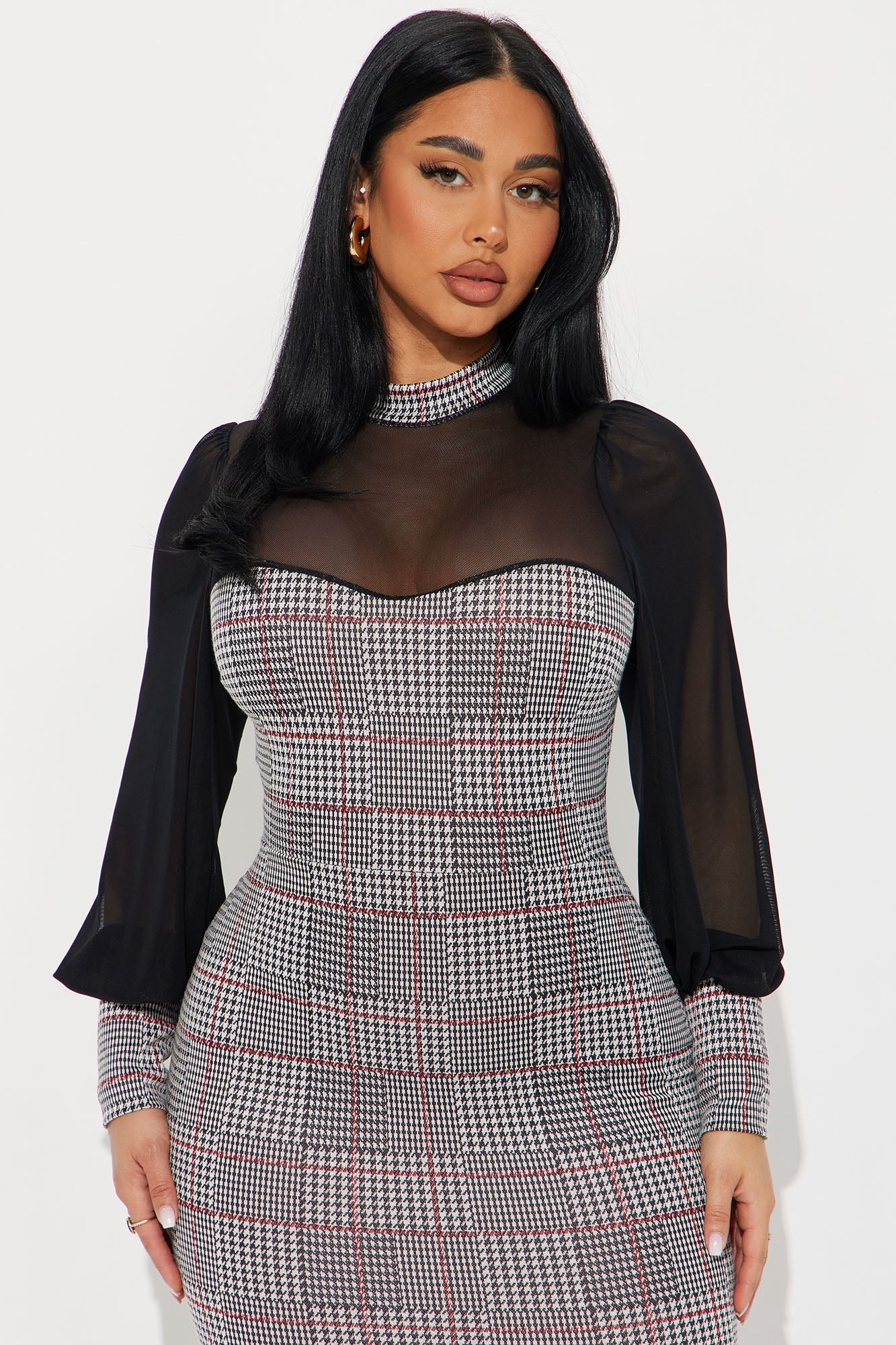 Hard To Handle Houndstooth Midi Dress - Black/Red
